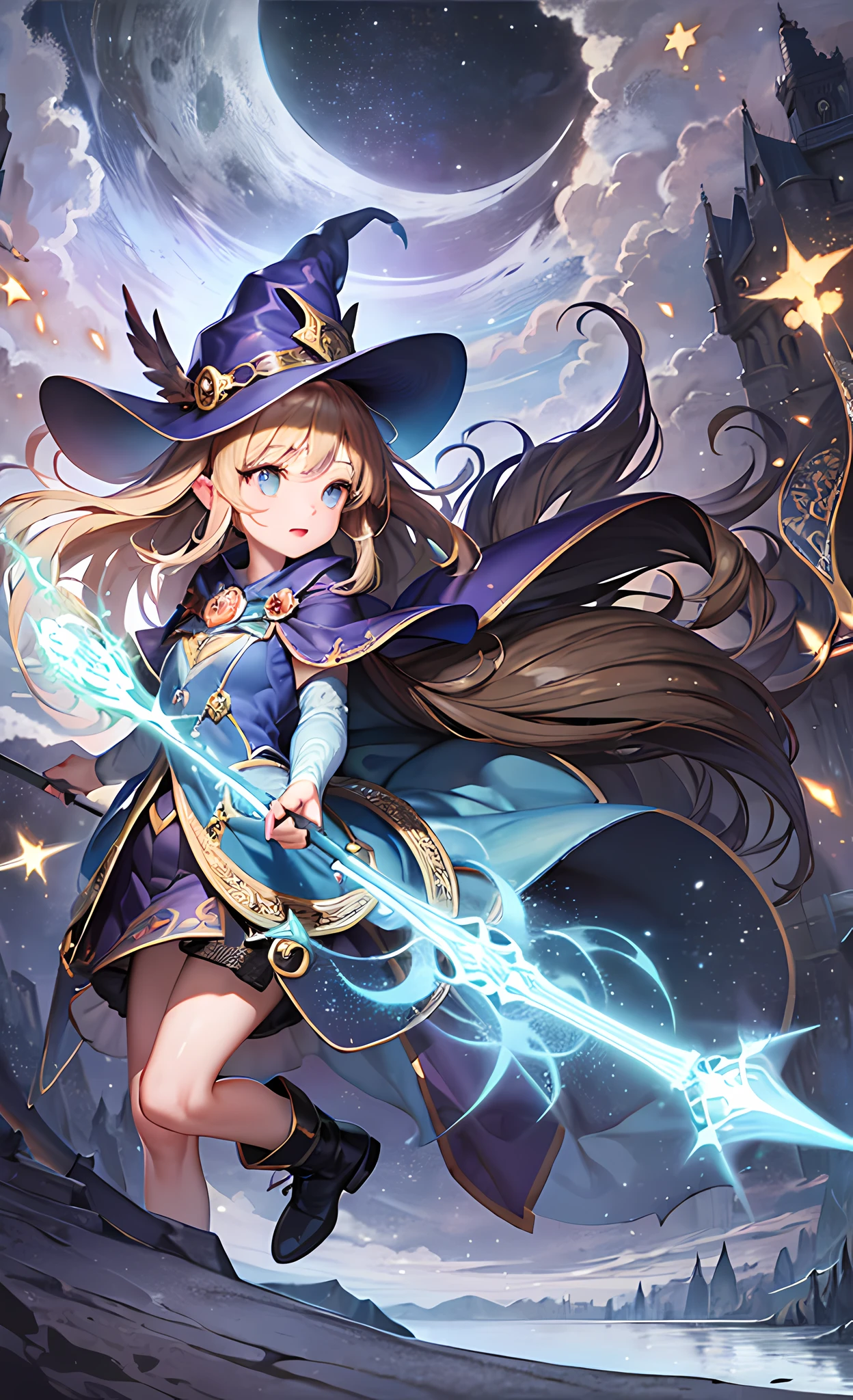 masterpiece, best quality, ultra-detailed, illustration, 1girl, solo, fantasy, flying, broom, night sky, outdoors, magic, spells, moon, stars, clouds, wind, hair, cape, hat, boots, broomstick, glowing, mysterious, enchanting, whimsical, playful, adventurous, freedom, wonder, imagination, determination, skill, speed, movement, energy, realism, naturalistic, figurative, representational, beauty, fantasy culture, mythology, fairy tales, folklore, legends, witches, wizards, magical creatures, fantasy worlds, composition, scale, foreground, middle ground, background, perspective, light, color, texture, detail, beauty, wonder.