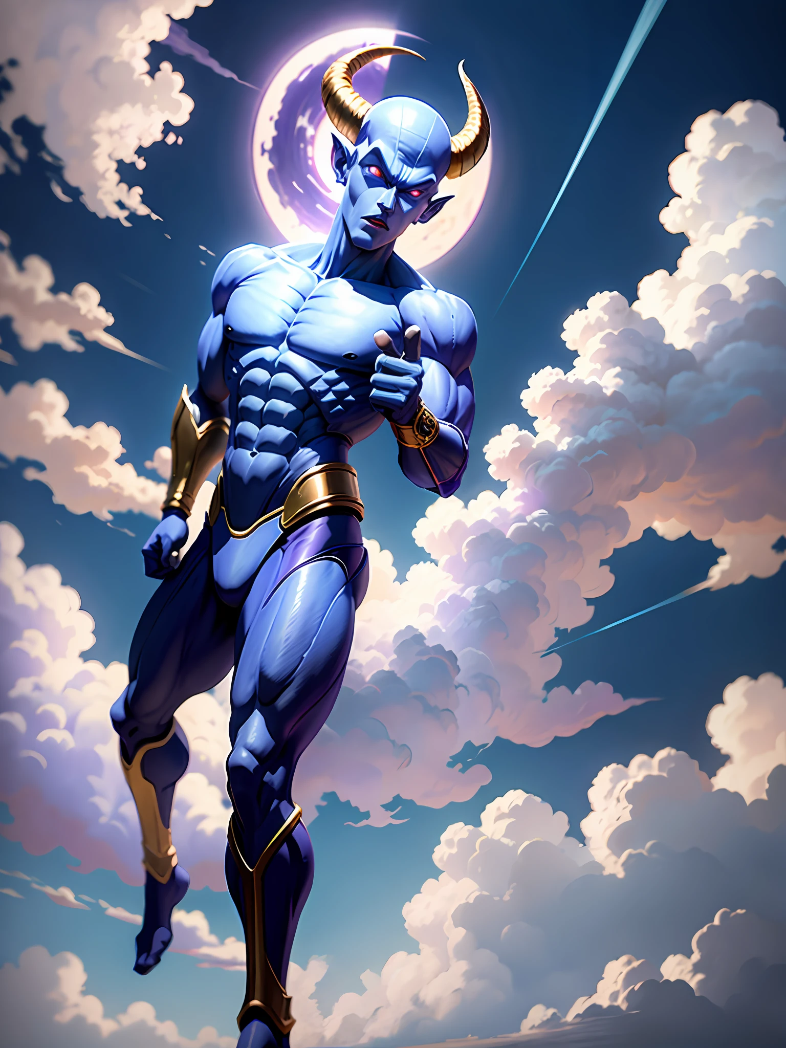 masterpiece, best quality, frieza, 1boy, solo, pointing at viewer, looking at viewer, male focus, blue sky, cloud,big horns,