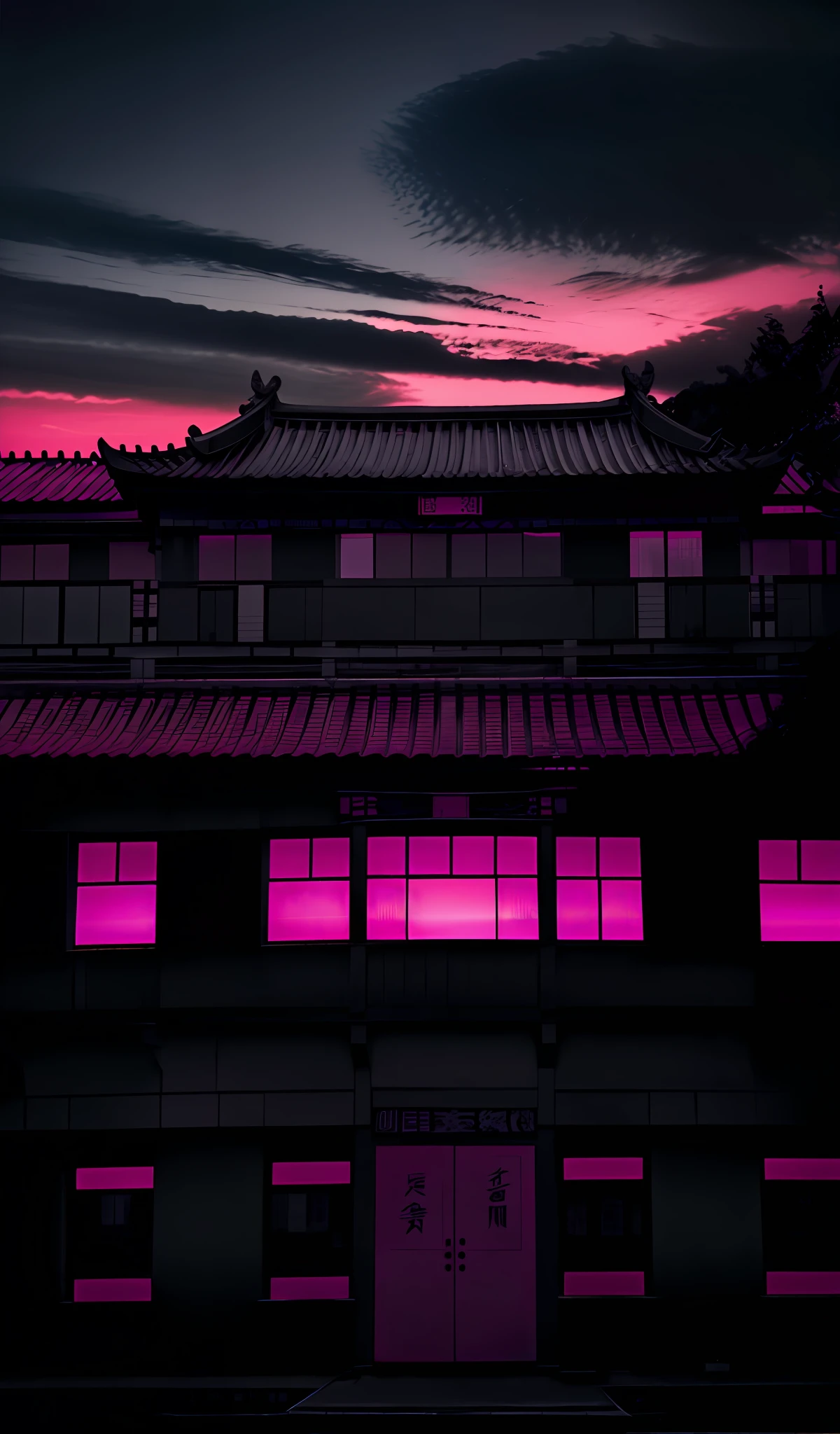 New Chinese style sunset and pink lines in ominous resonance monochrome artwork style, Felicia Simion, digital art technology light black and magenta, tumbling shimmer black and orange - Q2 - S750 - V 5.