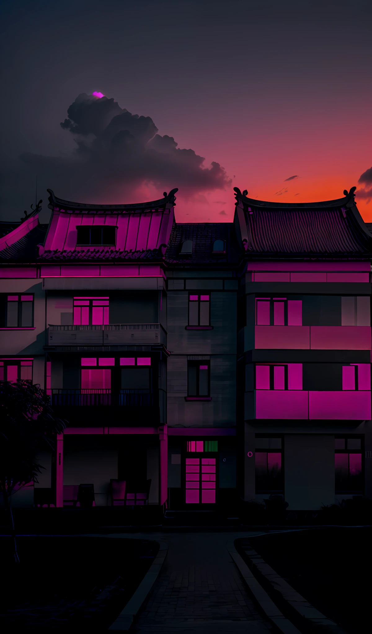 New Chinese style sunset and pink lines in ominous resonance monochrome artwork style, Felicia Simion, digital art technology light black and magenta, tumbling shimmer black and orange - Q2 - S750 - V 5.