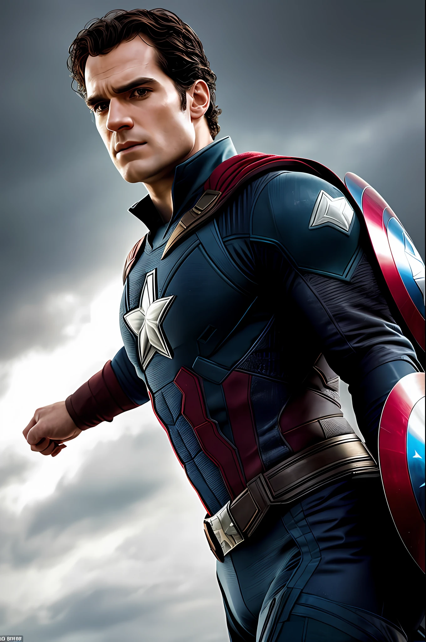HDR 4K, Portrait photography of award-winning actor Henry Cavill as an Avengers hero, wearing a Captain America costume, (henrycavill person), Space battle in the background, Movie, Science Fiction, Cinematic lighting, Two-point lighting,, Raw image, best quality, atmospheric scene, closeup sydeboob, (beautiful detailed face, detail skin texture, ultra-detailed body: 1.1), fuzzy lighting, natural soft colors, hyper-realistic, (rutkowski),