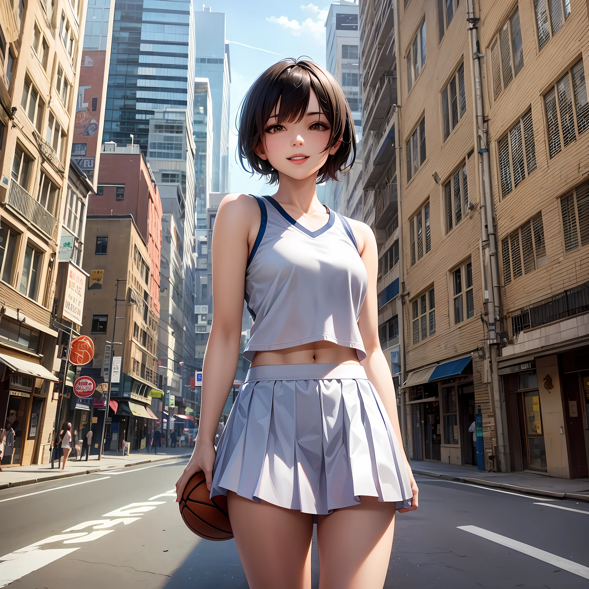 basketball, beauty, street, short hair, basketball suit, pleated skirt, background is city, Asian, white complexion, laughter --auto --s2