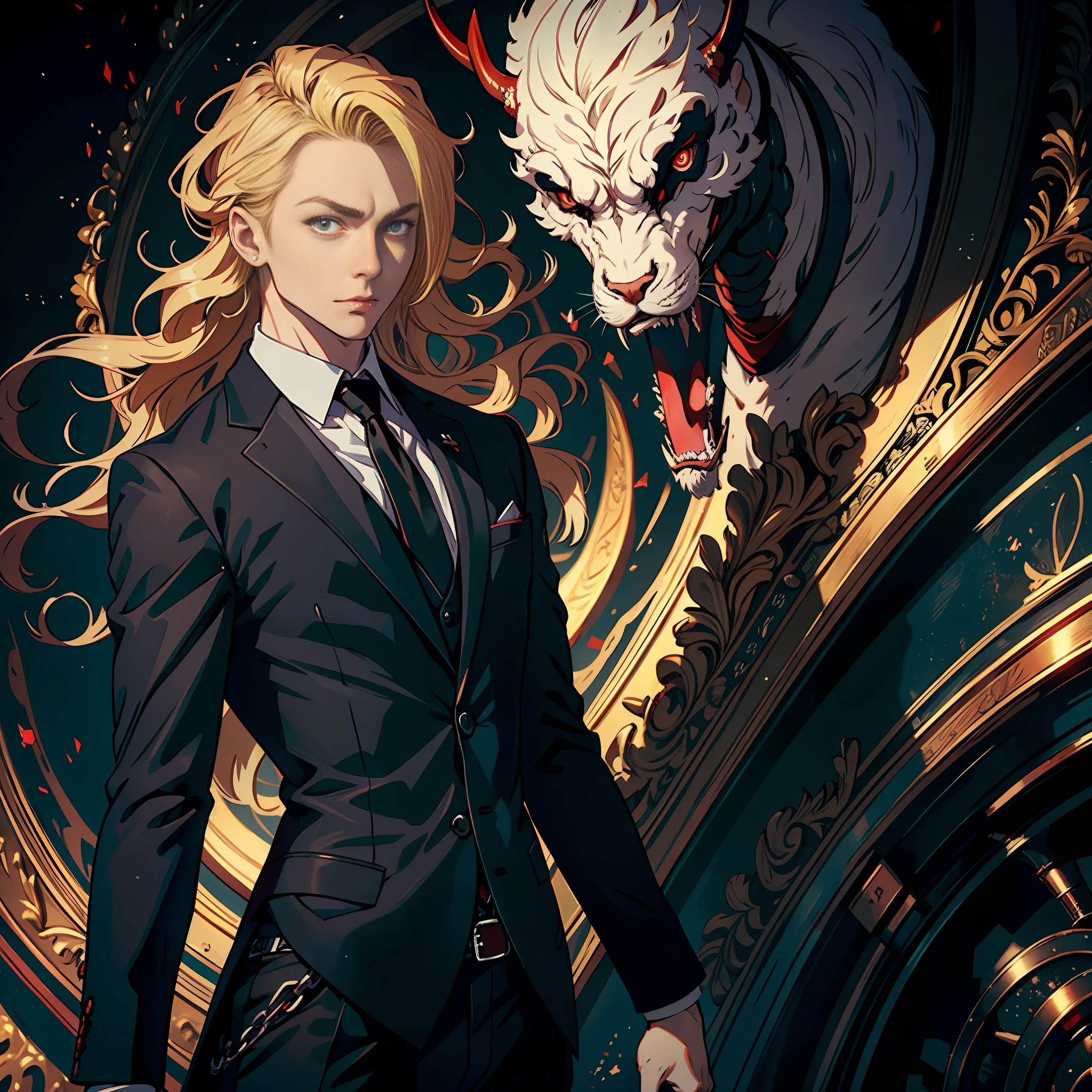 Masterpiece, best quality, 1 person, blonde, red eyes, black suit, ,neck extension 10 meters, monster-like, surrealism, ccurate, masterpiece, super detail, best quality, UHD, high quality, high resolution