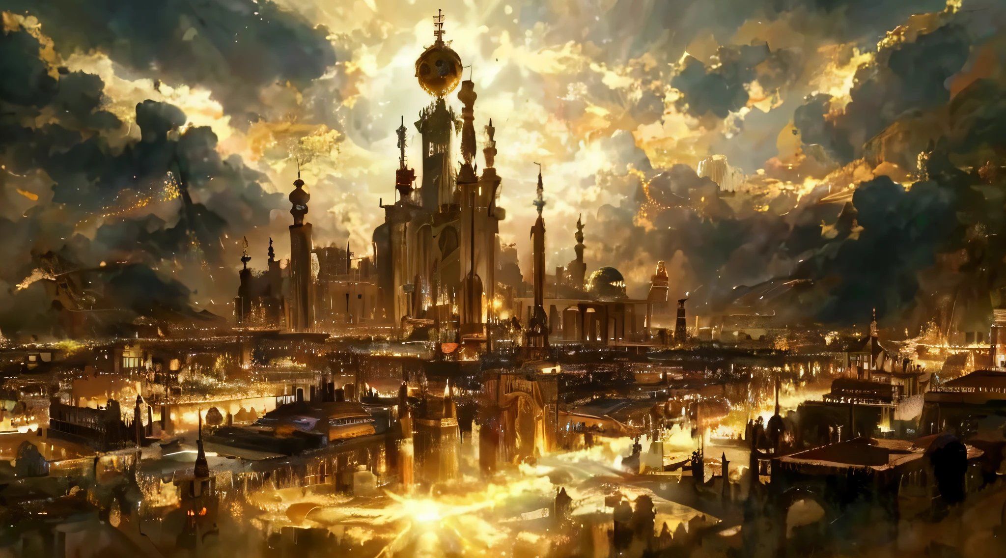 A painting, a city with a lot of architecture and a lot of people, a Slavic epic, a golden steampunk city atmosphere, Maximonetti. Intricate, huge futuristic temple city, Cathedral of the Sun, Golden Gate of Paradise!!!!!!!!, Marc Simonetti, conceptual art stunning atmosphere, Baroque painting. Starry sky, exquisite matte paintings, futuristic Persian palaces, light and shadow,