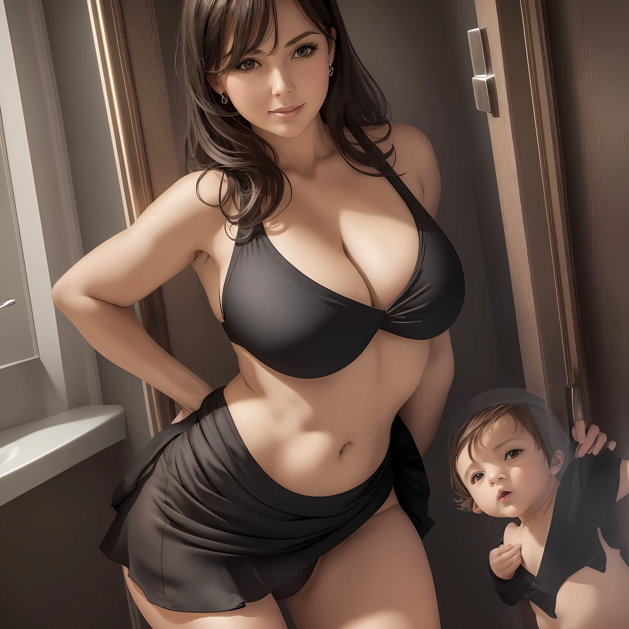 40yrs old woman wearing black bikini with big breasts and mini skirt with sexy thighs, posing seductive with a litlle boy inside bathroom --auto --s2