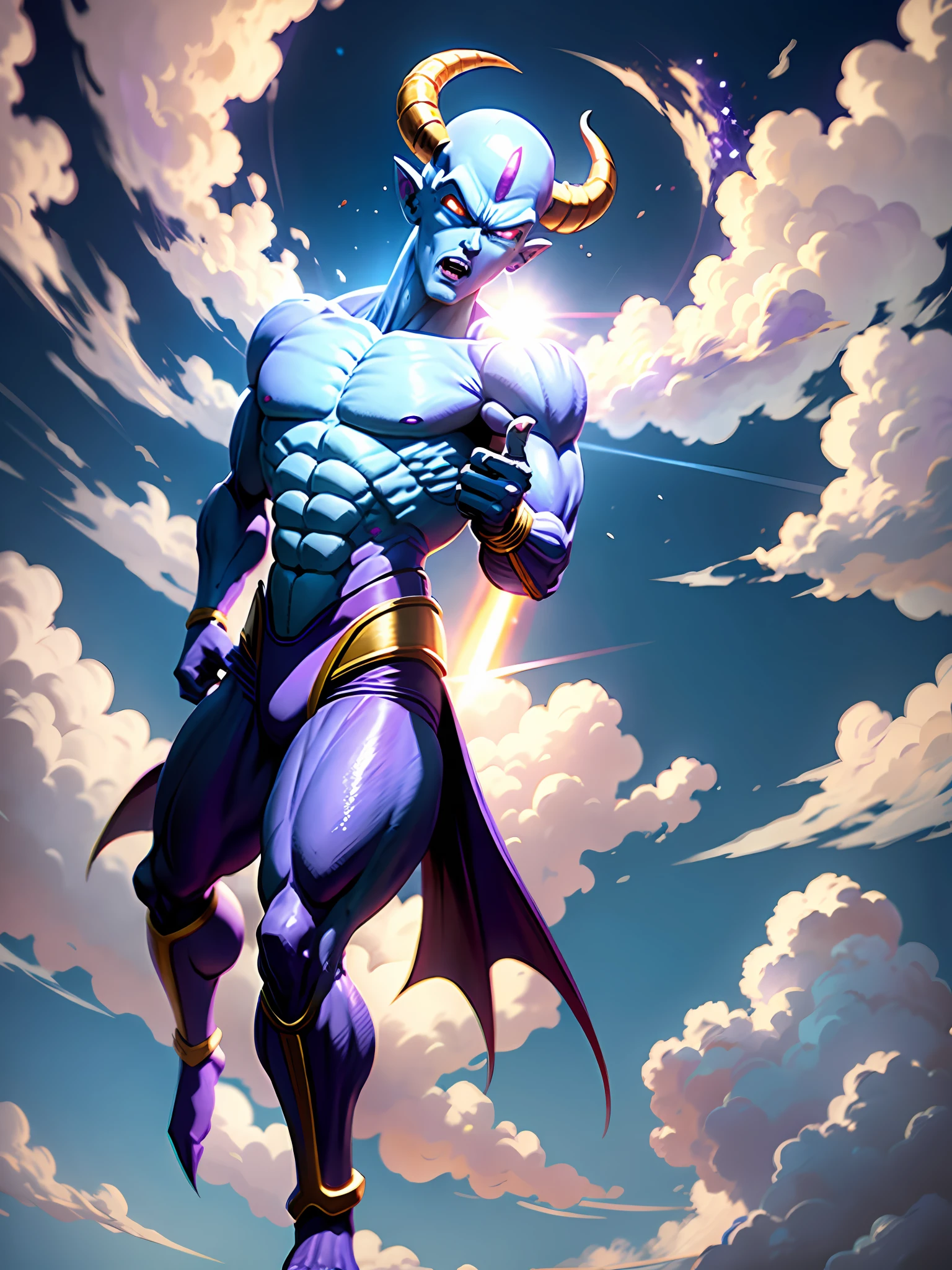 masterpiece, best quality, frieza, freeza(dragon ball z), solo, pointing at viewer, looking at viewer, male focus, blue sky, cloud,big horns,