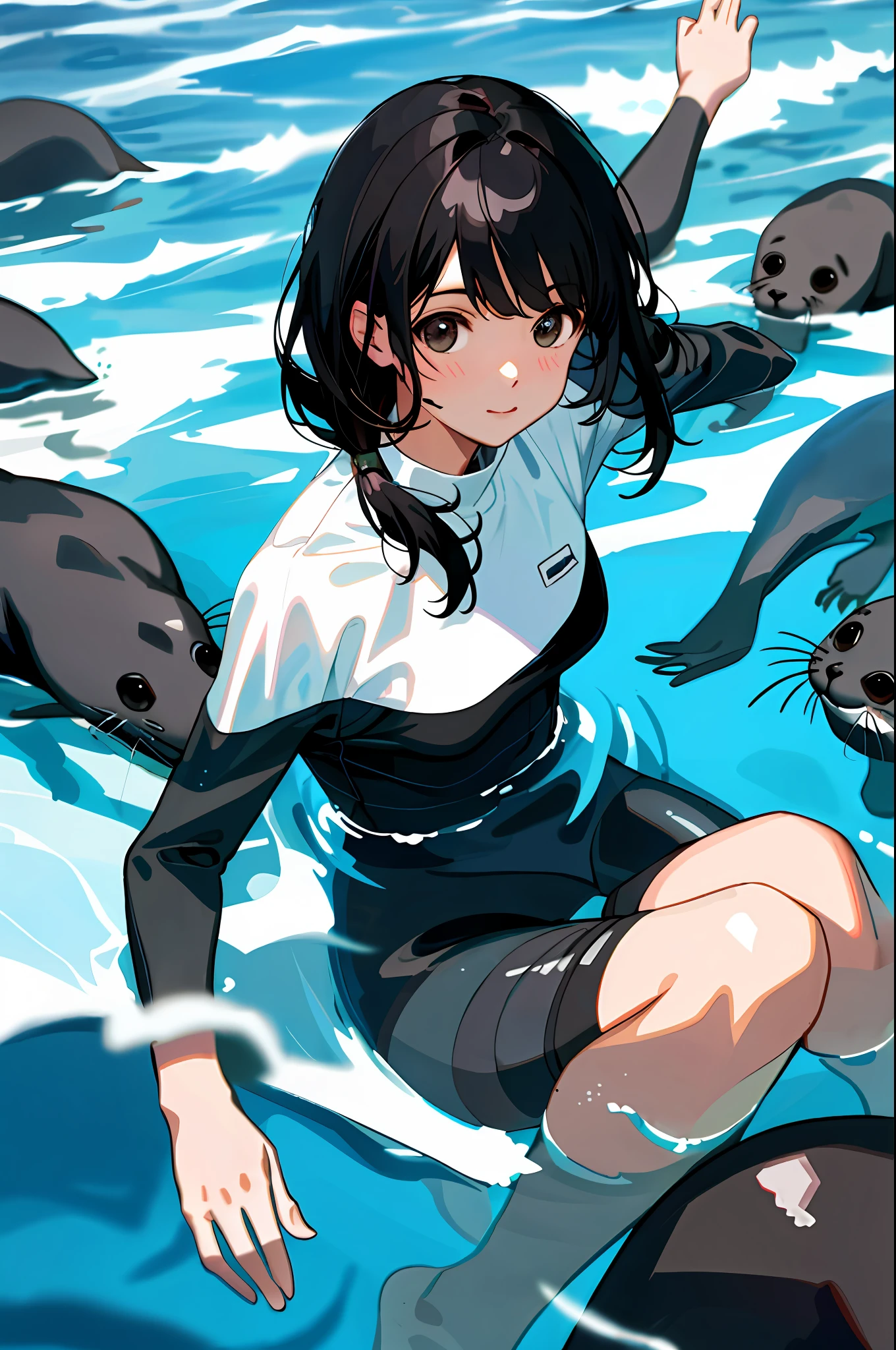 Black-haired woman swimming with seals, realistic