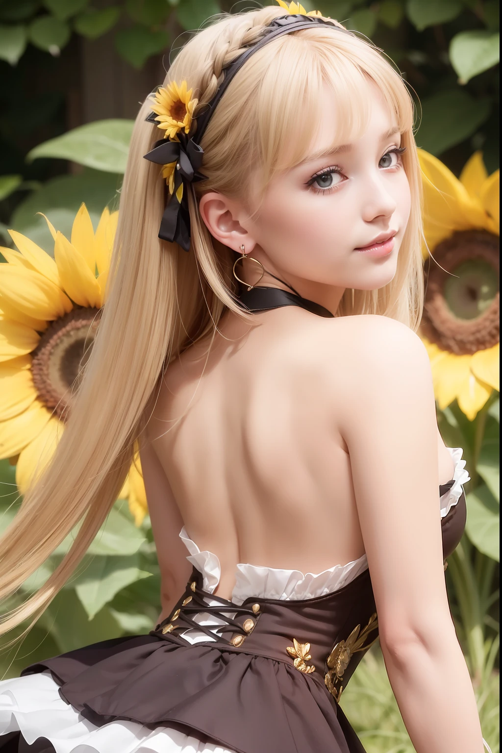 ((super fine illustration, 4k, Masterpiece :1.2, Sharp focus :1.2, 35mm lens:1.2, f/0.8, realistic 1girl :1.3)), sunlight, depth of field, ((medium breasts)), (gothic lolita dress:1.2), earrings, circlet on head, (sunflower background:1.2), inverted triangle face, Highly detailed face and skin texture, from behind, Detailed eyes:1.1, Smiling, beautiful detailed makeup:1.1, high-fidelity bangs, brown to blonde striped hair, half up-do medium short hairstyle,