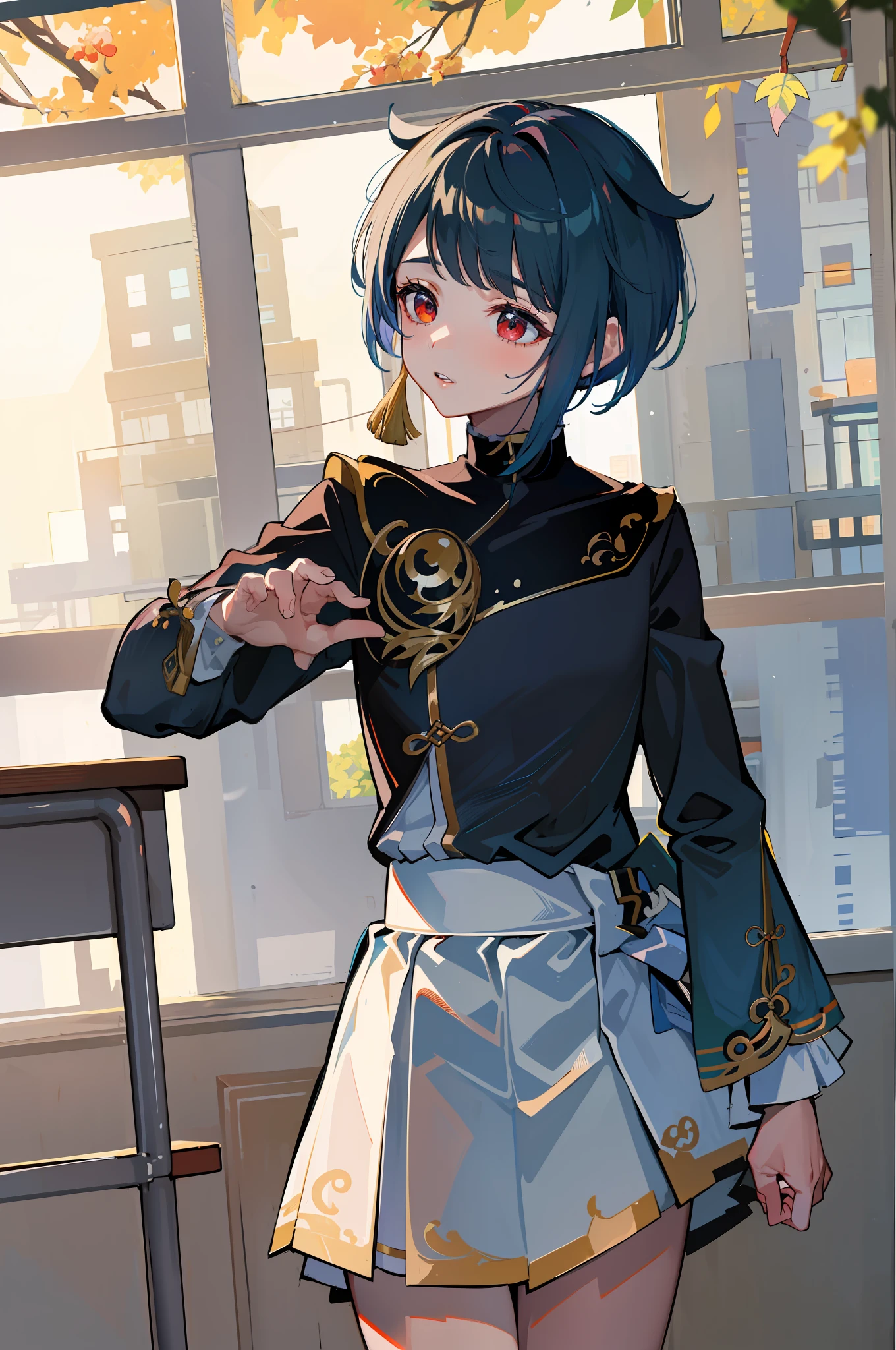 ((Masterpiece)), ((Best Quality)), Absurdres, 1boy, Squat Cowboy Pose, POV, School Uniform, (Classroom:1.1), Sunlight, (Half-Closed Eyes:0.4), (Parted Lips:1.4), (Nose Red:1.2), School Uniform: 1.5), Xingqiu (Genshin), Crouch