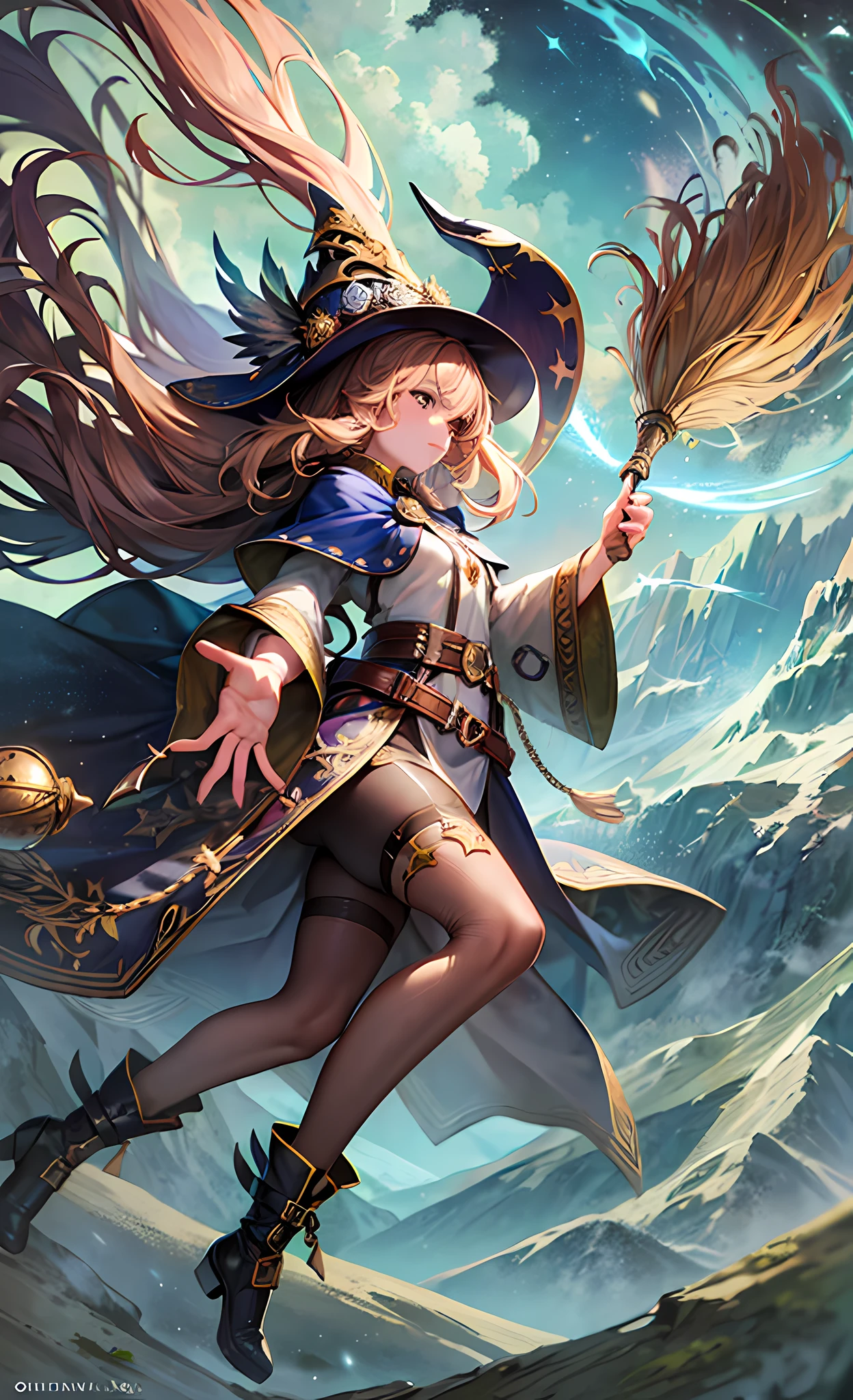 masterpiece, best quality, ultra-detailed, illustration, 1girl, solo, fantasy, flying, broom, night sky, outdoors, magic, spells, moon, stars, clouds, wind, hair, cape, hat, boots, broomstick, glowing, mysterious, enchanting, whimsical, playful, adventurous, freedom, wonder, imagination, determination, skill, speed, movement, energy, realism, naturalistic, figurative, representational, beauty, fantasy culture, mythology, fairy tales, folklore, legends, witches, wizards, magical creatures, fantasy worlds, composition, scale, foreground, middle ground, background, perspective, light, color, texture, detail, beauty, wonder.