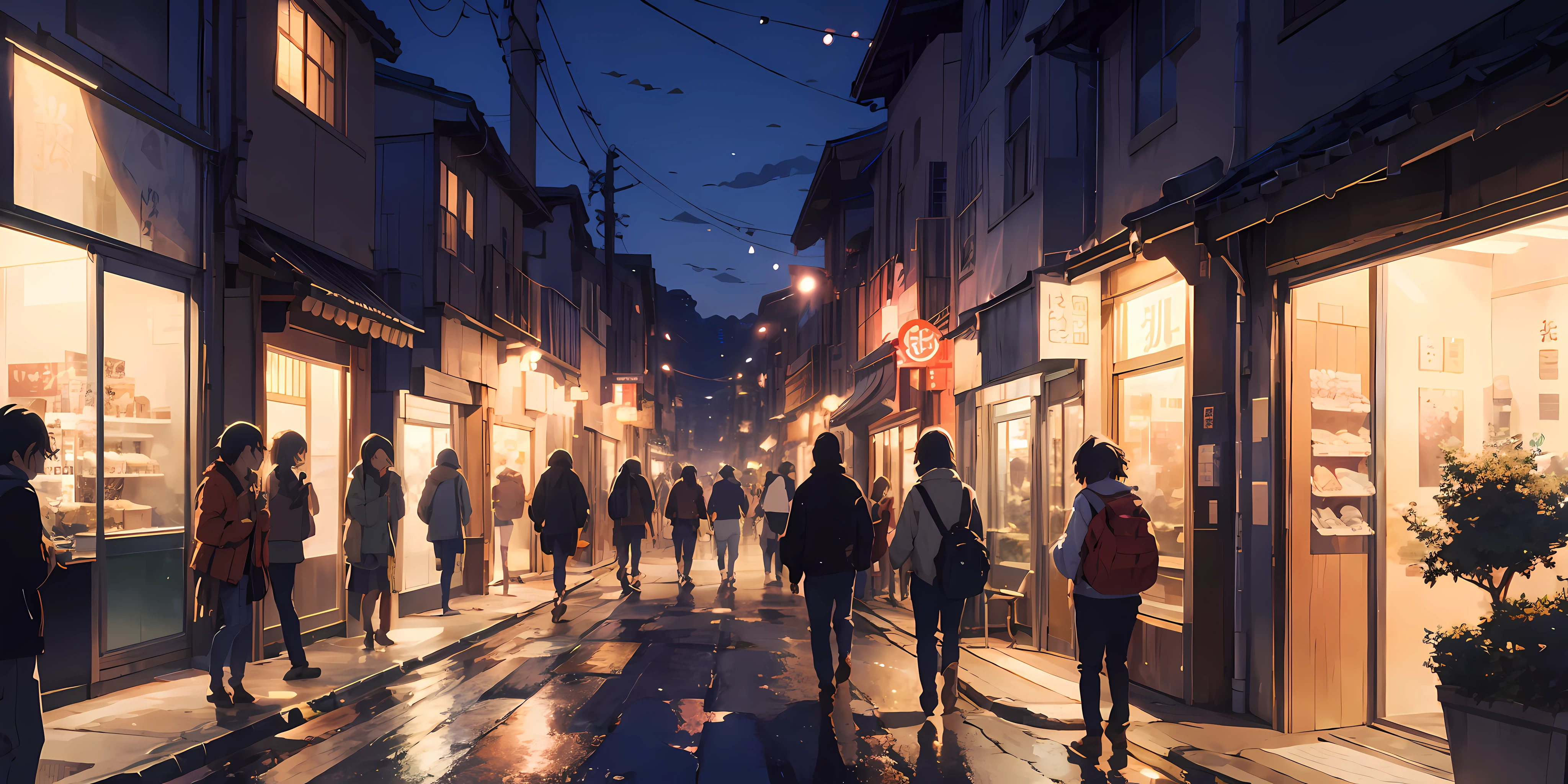 Beautiful anime streets, there are decent amounts of people hanging out on the streets, in makoto shinkai style