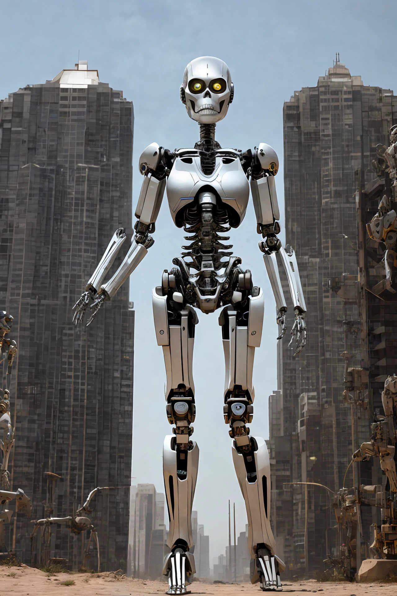 Robot girl,pretty face and body,HDR,Cyborg,made of skeleton bones,full body,standing,8K resolution,highly detailed,highly realistic image,strong legs,angry face,extremely robotic,outdoor background,extremely beautiful