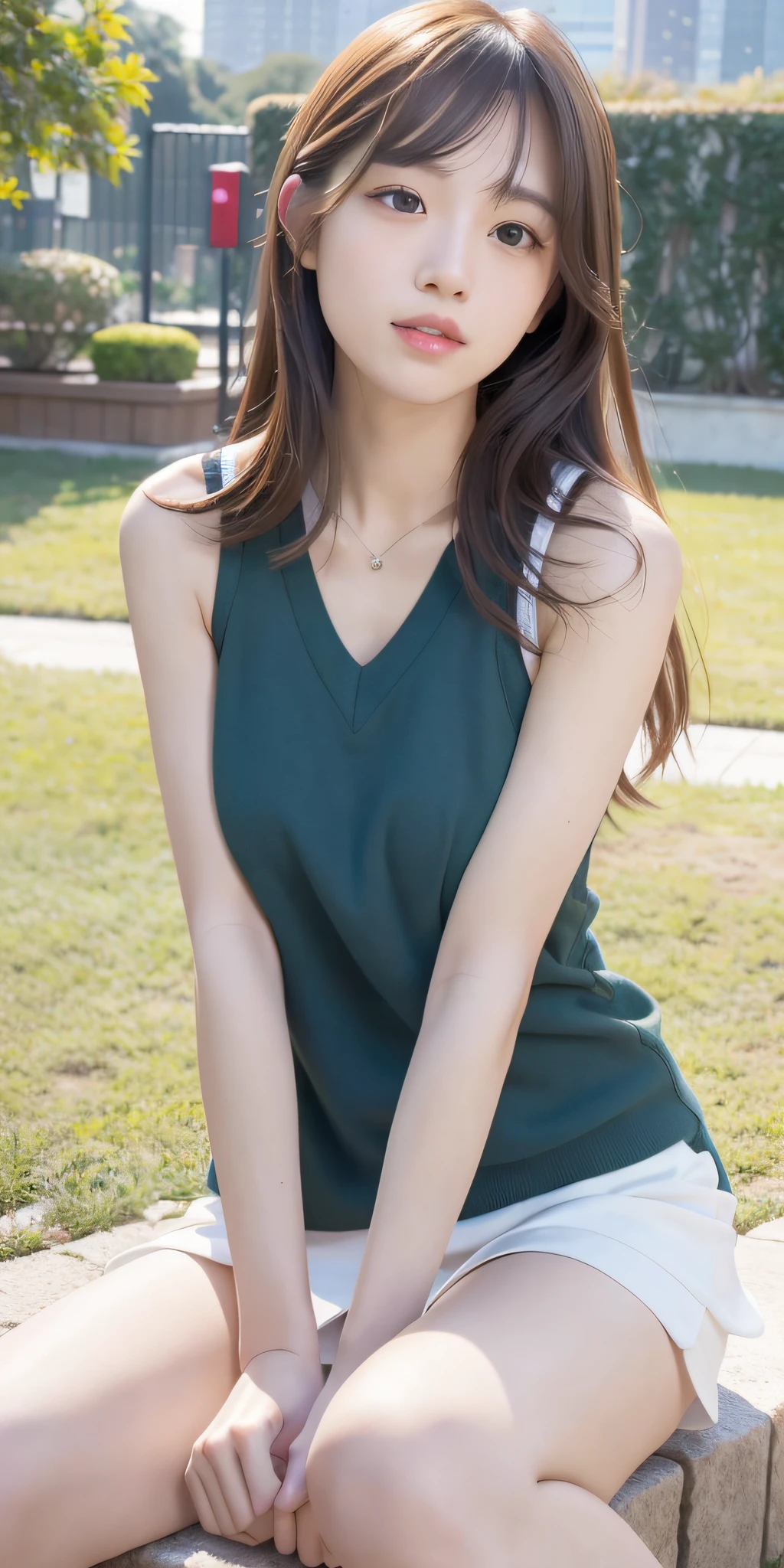 mix4, 20d, Solo, long_hair, Nanase Nishino, Haruka Kaki, Park, Tennis, Seated, (8K, RAW photography, best quality, masterpiece:1.2), (Realistic, Photorealistic: 1.37), Professional Lighting, Photon Mapping, Radiosity, Physically Based Rendering