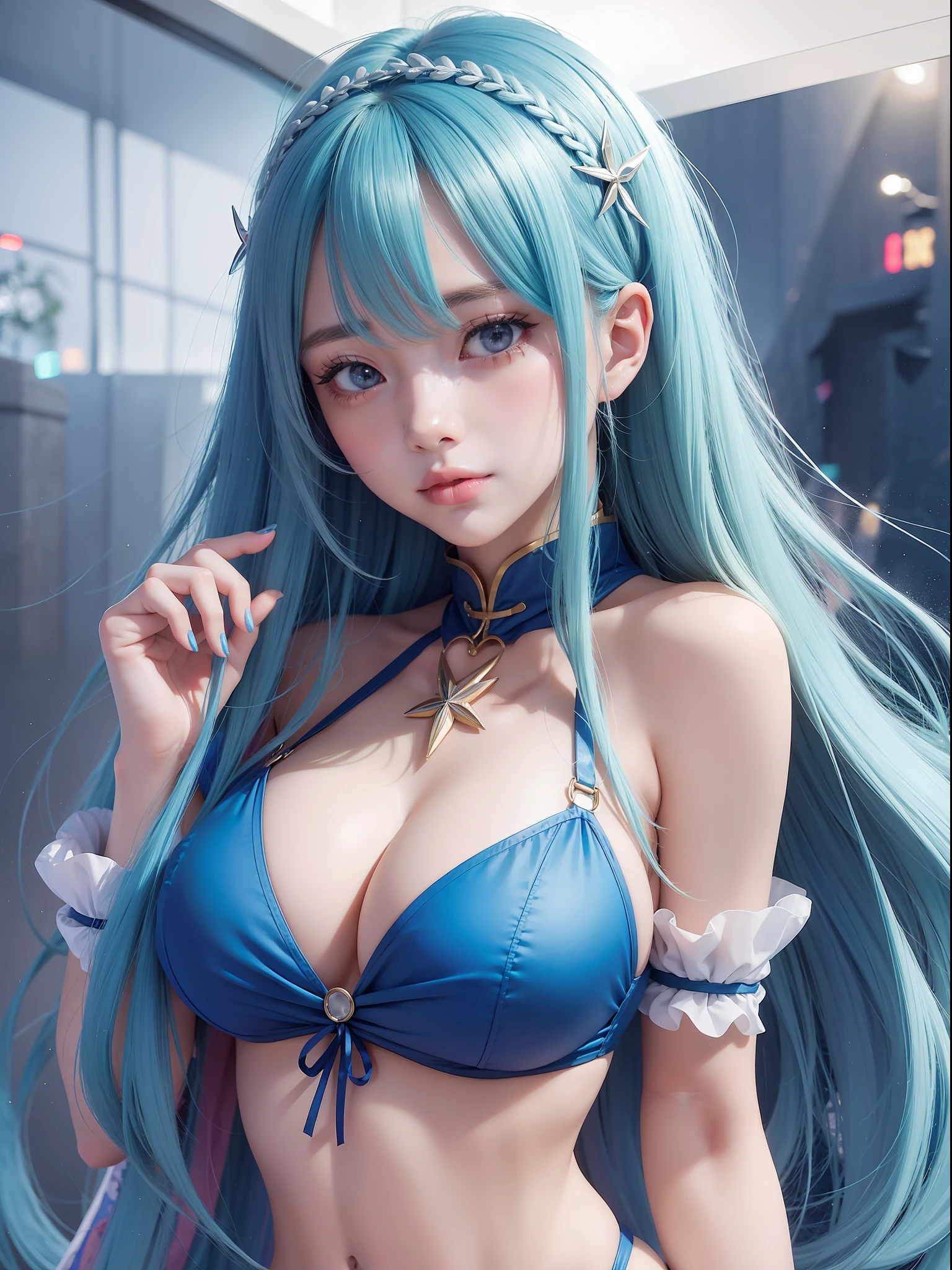 anime girl with long blue hair and a bikini, anime moe artstyle, cute anime girl, cute anime girl portrait, pretty anime girl, portrait of cute anime girl, kawaii realistic portrait, anime visual of a cute girl, cute anime girl portraits, portrait anime girl, anime style portrait, marin kitagawa fanart, (anime girl), beautiful anime girl, upper body, smile, huge boobs,