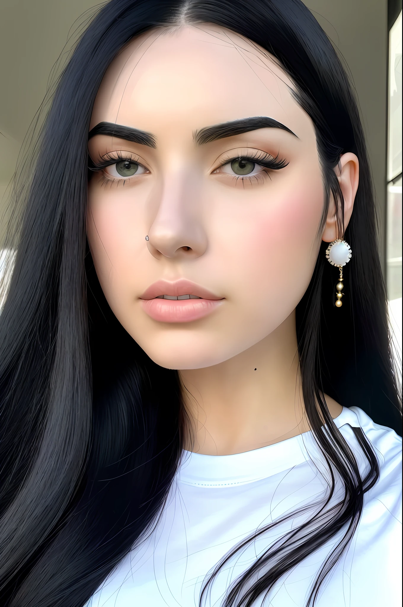 A closeup of a woman with long black hair and a white T-shirt, TikTok video, she's about 29, she's facing the camera, Ava Max, she's got black hair, her black hair is a long curly, natural light environment, detailed skin, detailed eyes, ultra realistic image
A naturally beautiful woman, cozy winter, (upper body, (closeup:1.2), head shot), 8K, Raw, UHD, Fujifilm X-T3, close up, highly detailed face, (((glans))), (candid, amateur)