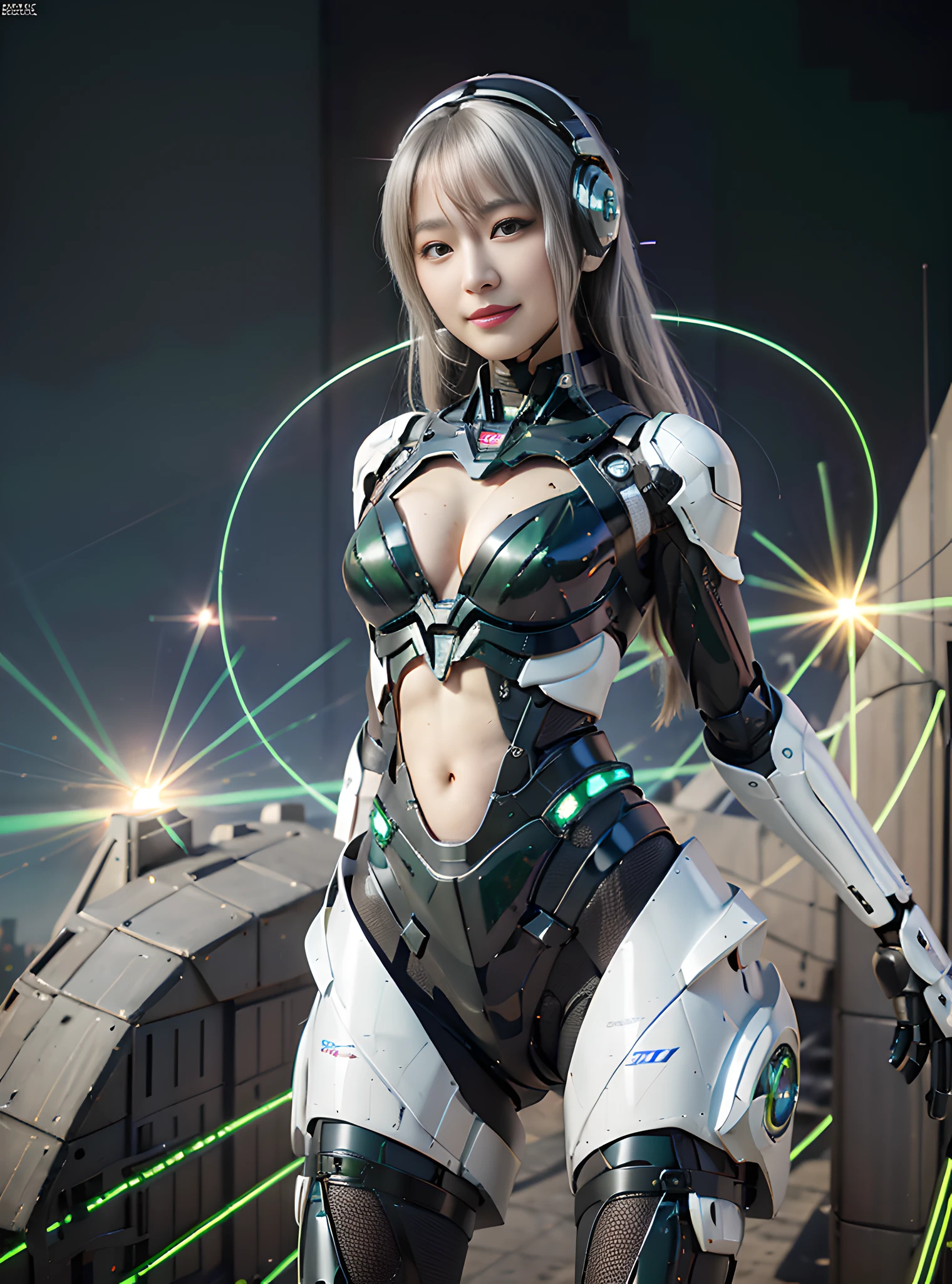 8K, Best Quality, Masterpiece, Ultra High Resolution, (Realism: 1.4), Girl Futuristic Skirt, Electronic Technology Skirt, Wearing Futuristic Pilot Helmet, (Green Pupils), ((Green Crystal Eyes)), Green Laser Beam, In the Cockpit of Mecha, Holographic Projection Shield, Black Clouds, Lightning, Background of Air Battlefield, Falling Airplane, Flying Anti-aircraft Missiles, Exploding Flames, Mechanically Built Bird, Real Woman, Real Breasts, Deep Cleavage, Real Face , cute girl, smile, perfect cyborg girl wearing sci-fi headphones, beautiful female , beautiful girl cyborg, silver hair, manipulator, CG,