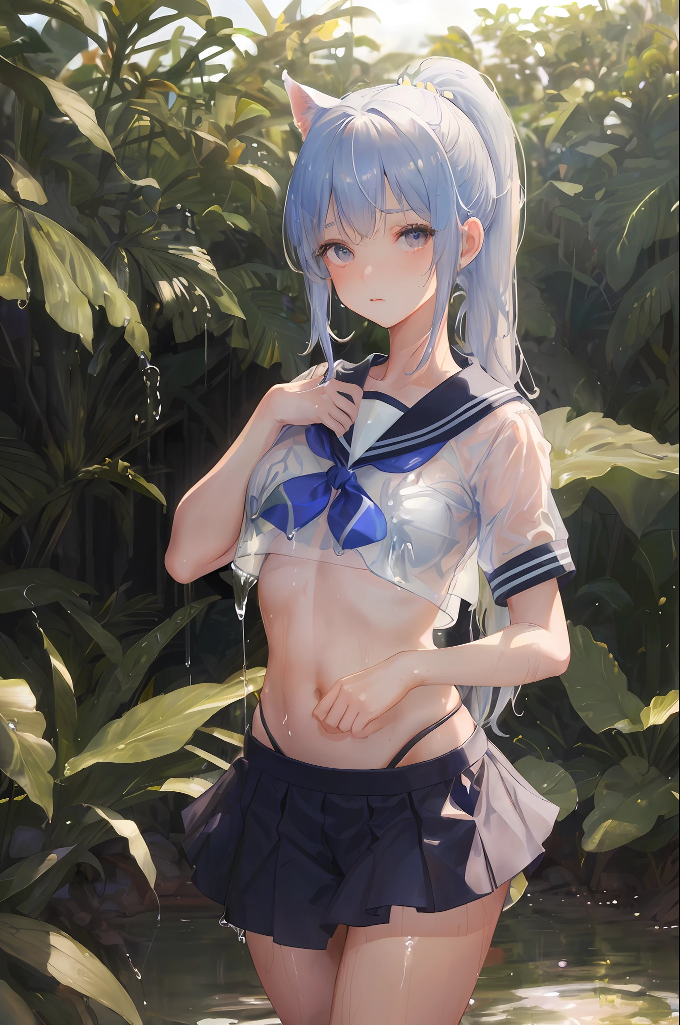 Cornflower art, dreamy, (masterpiece, top quality, perfect anatomy, beautiful face, realistic, super detailed, 1 girl, 18 ears senile, solo, depth of field, canon 24mm lens, f1.4, cute_girl, sailor_ collar, clear facial features, short sleeves, small breasts, slender stature, height 170, barefoot, double ponytail, bangs, gravure pose, outdoor, jungle, Blurred background, (Uwabaki: 1.1576)) Drenched all over, clear liquid dripping from the crotch, the front of the shirt is exposed, the breasts are visible, the bra is not on, light blue striped buns,