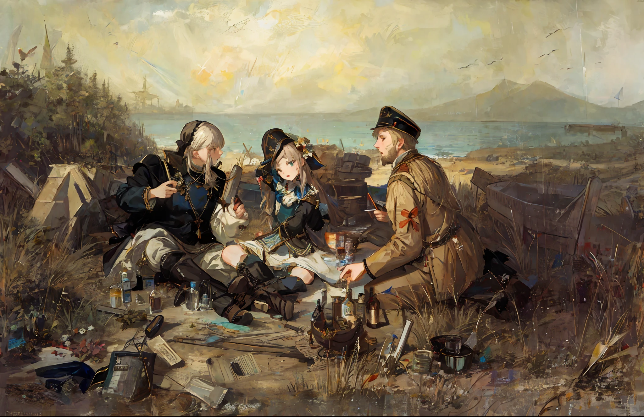 Painting of three men sitting on the sand with beautiful girls and food and bottles, against the backdrop of the summer sea in the holiday season by Karl Spitzweg. sharp focus, Vasily Perov, Russian academic painting, Shishkin, Savrasov, Caspar Wolf, Hubert von Herkomer, Wilhelm Kühn, inspired by Vladislav Chahorsky