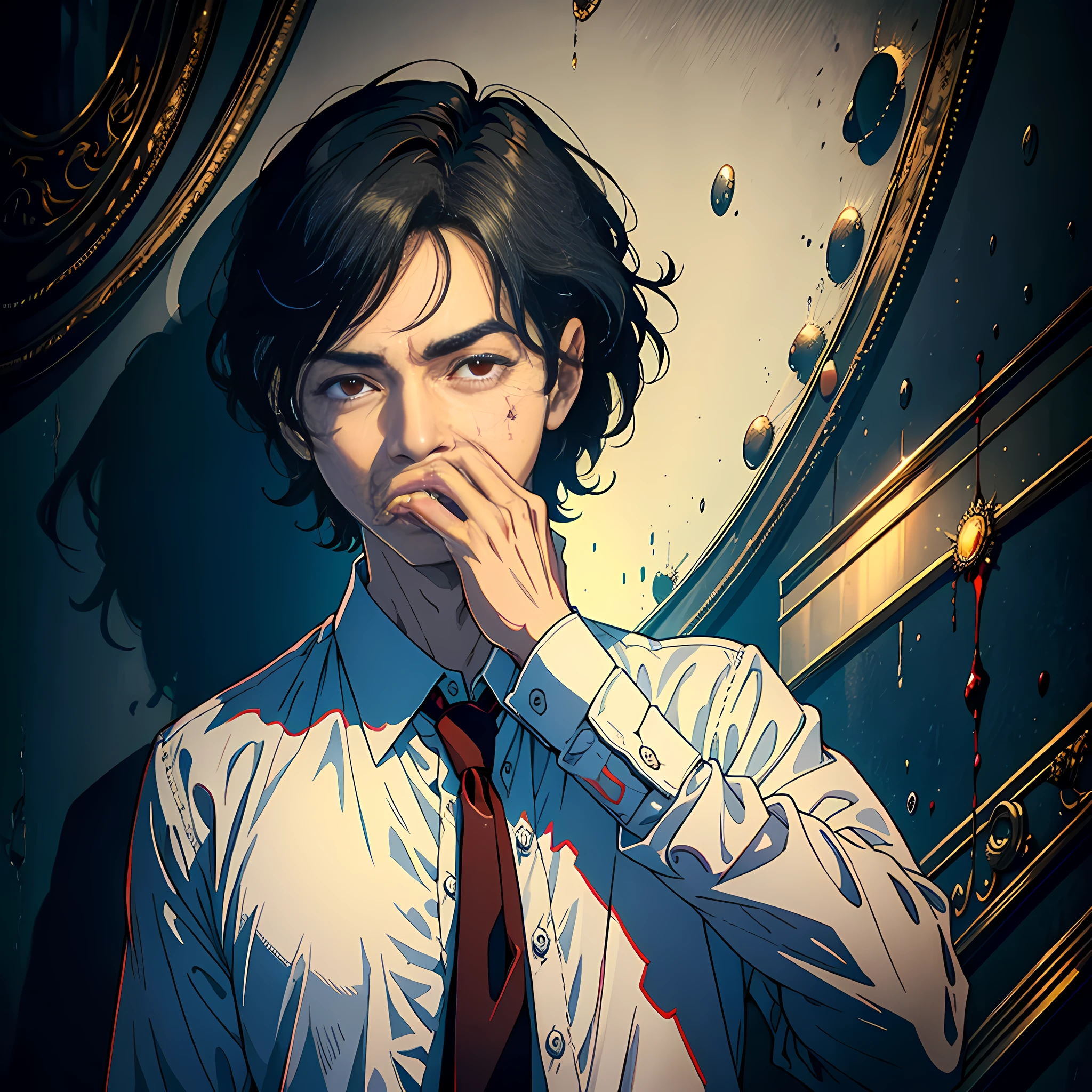 Masterpieces, the best quality, 1 man, blackhair, red eyes, White shirt, vomit, Cover your mouth with your hands, vomit, Surrealism, ccurate, masterpiece, super detail, best quality, UHD, high quality, highres