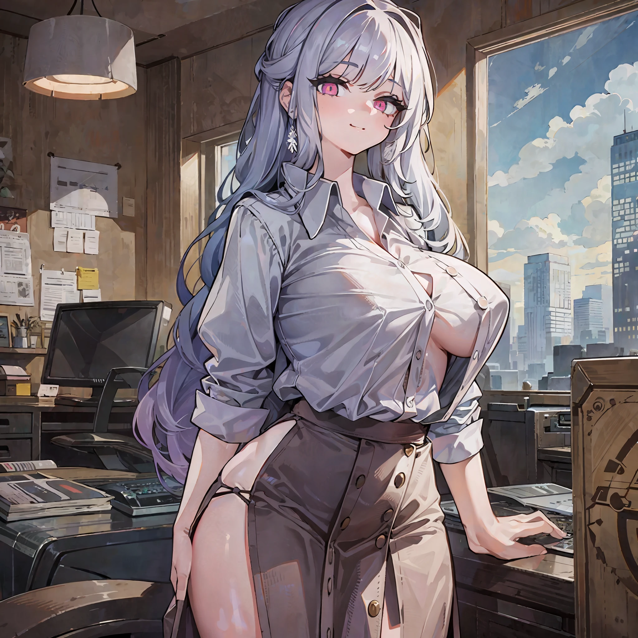 Burlap button shirt, (button gap: 1.2), smile, skirt, huge breasts, wide hips, long white hair, office, white pupils, (white hair), ill-fitting clothes,