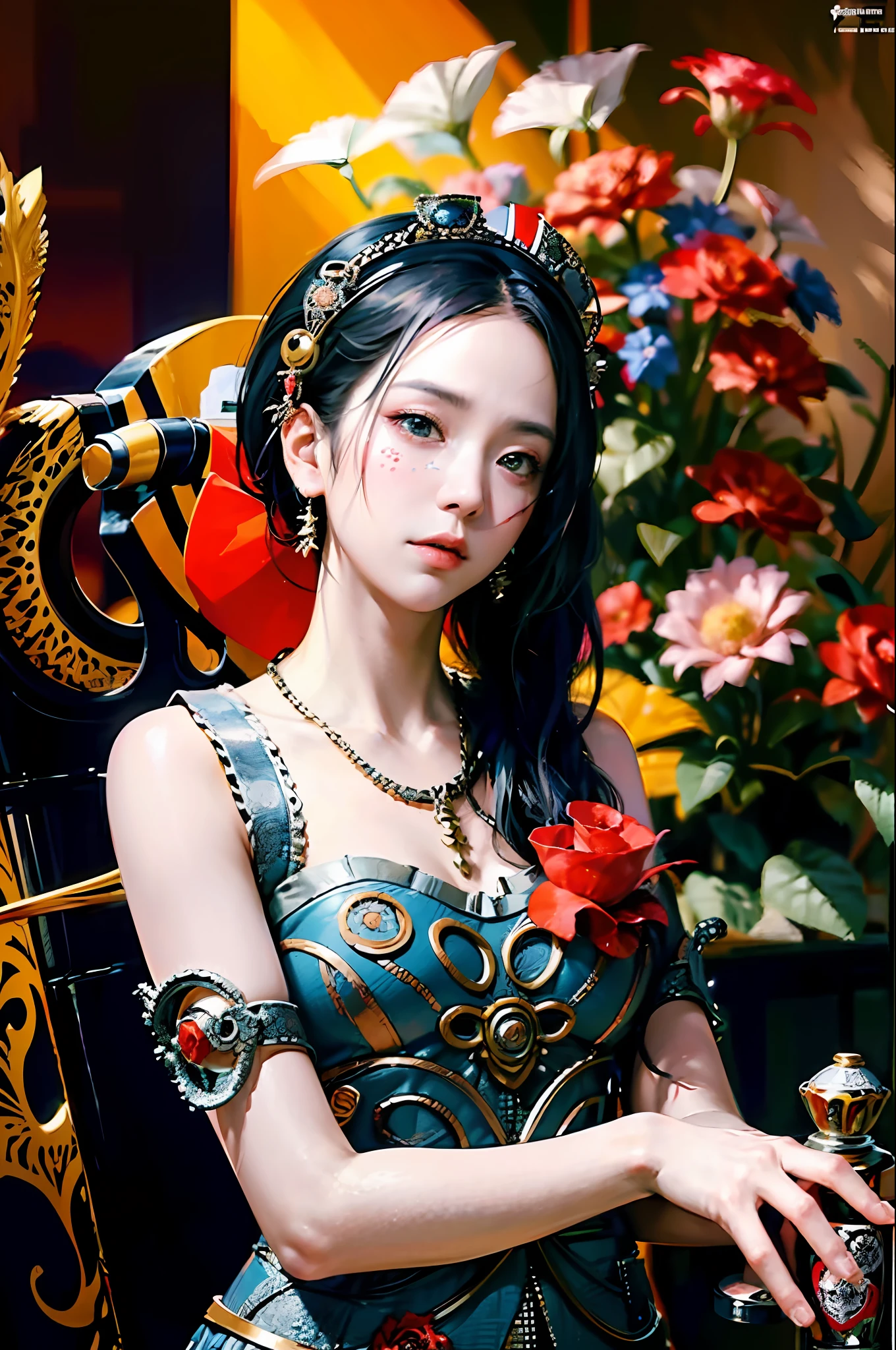 official art, unity 8k wallpaper, ultra detailed, beautiful and aesthetic, masterpiece, best quality, (zentangle, mandala, tangle, entangle), (fractal art:1.3) , 1girl, red flowers, extremely detailed, dynamic angle, cowboyshot, the most beautiful form of chaos, elegant, a brutalist designed, vivid colours, romanticism, by james jean, roby dwi antono, ross tran, francis bacon, michal mraz, adrian ghenie, petra cortright, gerhard richter, takato yamamoto, ashley wood, atmospheric