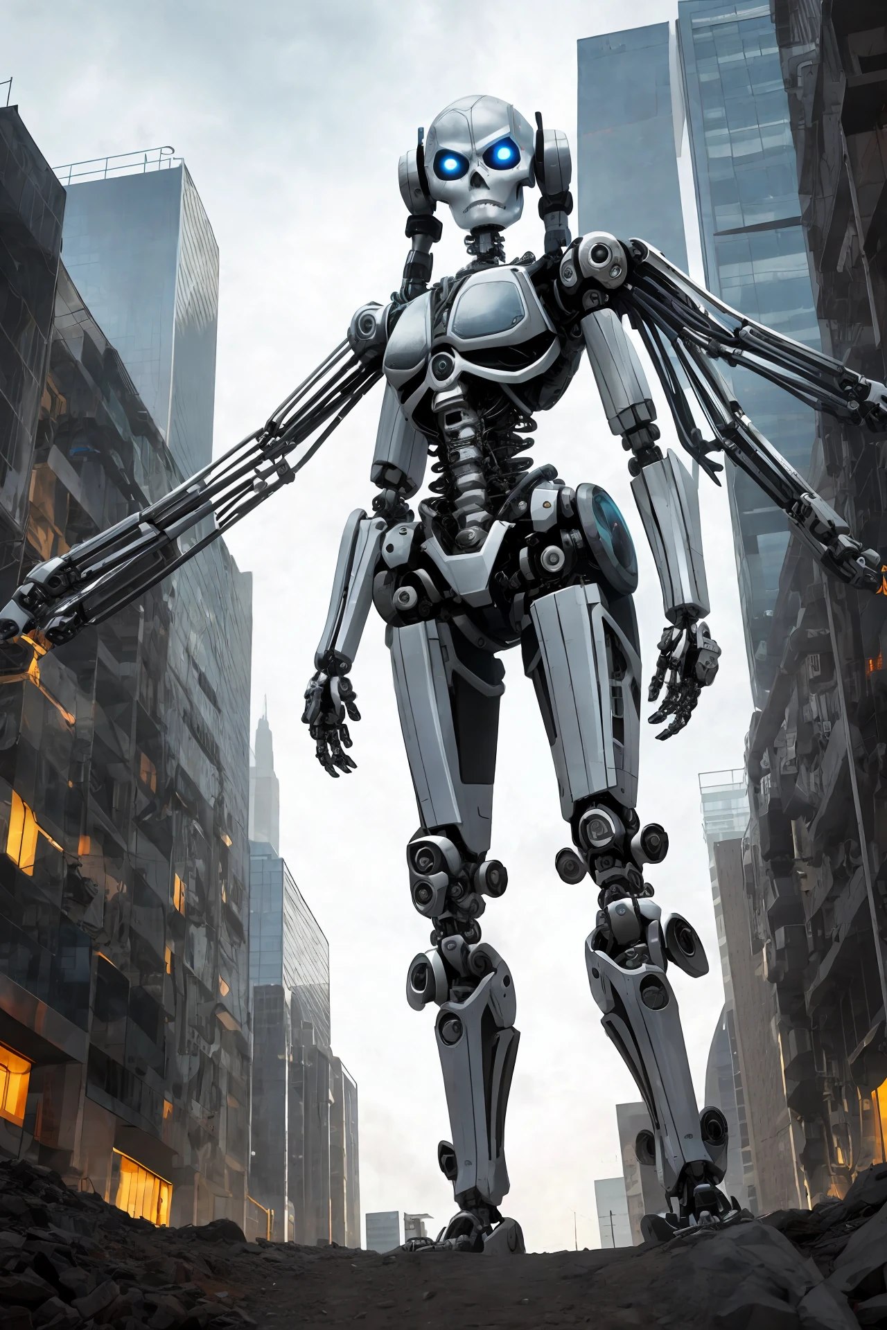 Robot girl,pretty face and body,HDR,Cyborg,made of skeleton bones,full body,standing,8K resolution,highly detailed,highly realistic image,strong legs,angry face,extremely robotic,outdoor background,extremely beautiful