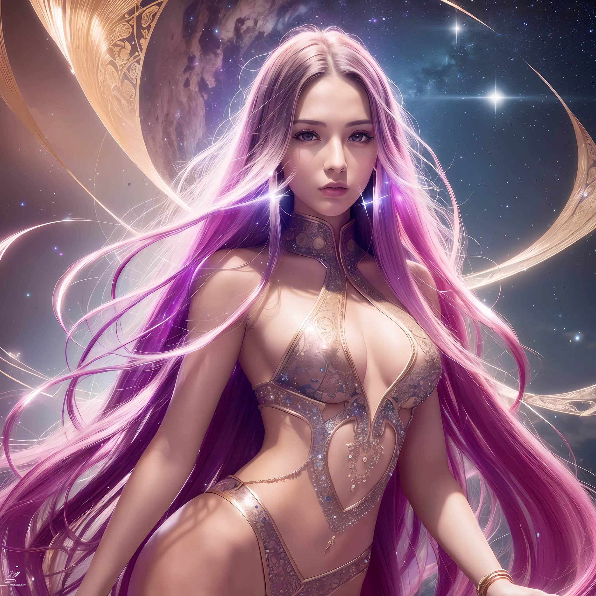 A photograph of a Pleiadian with natural skin, long, flowing and voluminous hair, sharp eyes, a thin and upturned nose, shapely lips, an hourglass body shape, typical clothes, and makeup, intricately maximalist-detailed, vibrant, epic, smooth, cinematic, 4K, backlit, a fantasy night sky background, and a shallow depth of field.