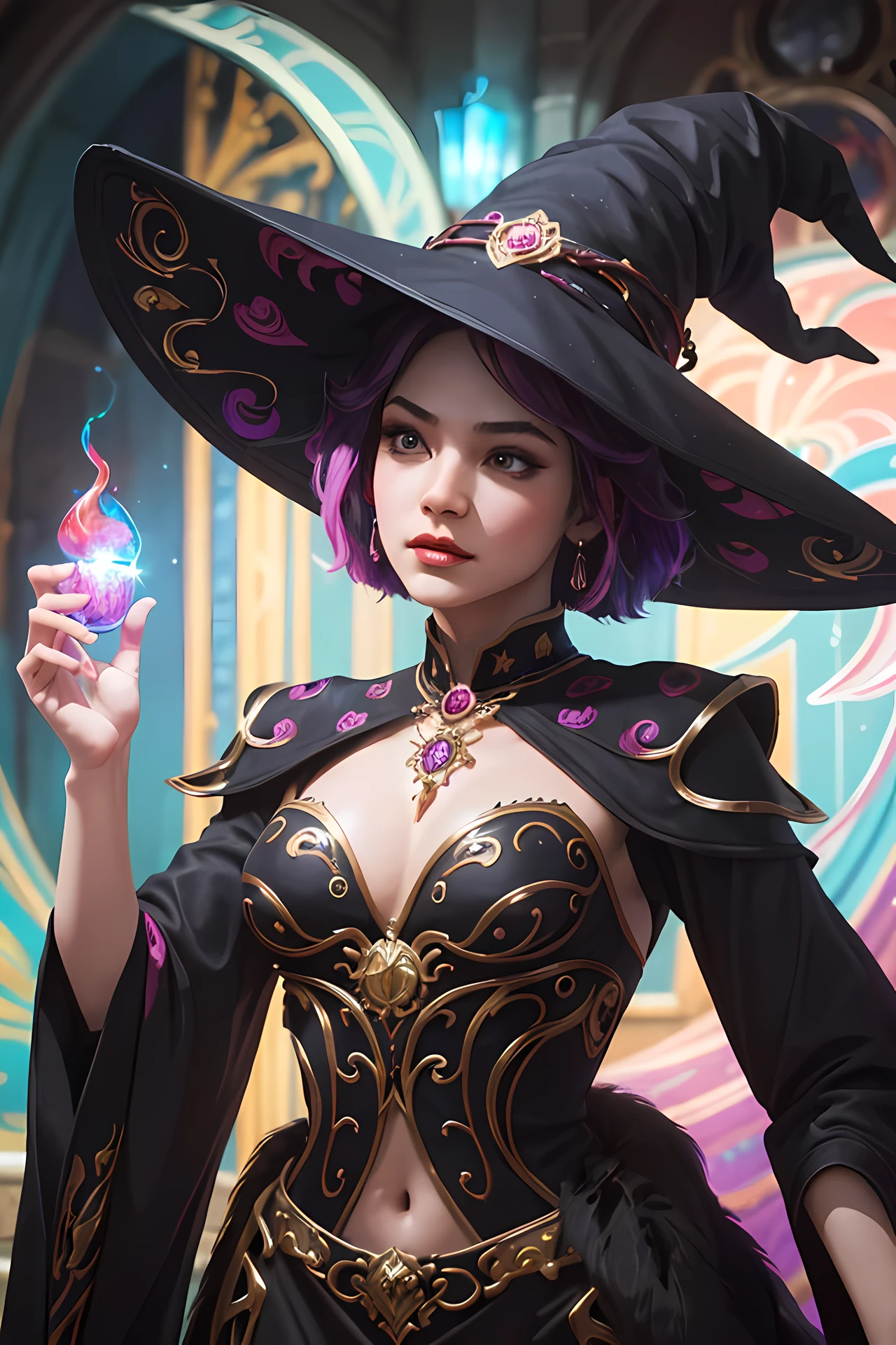 best quality: 1.1), (masterpiece: 1.1), perfect anatomy, detailed, 1 girl, medium shot, (wide hips: 1.2), mage, masterpiece, best quality, (mature witch, witch hat, in her private room in the castle practicing spells and enchantments), moody lighting, glow, glow, mysterious, mystical, magical, rim lighting, vibrant, psychedelic, colorful, intricate, elegant, sharp focus, highly detailed, digital painting, concept art , matte, masterpiece, ultra sharp hyper detailed, vibrant aesthetic, blood wave, colorful, psychedelic, ornate, intricate, digital painting, concept art, soft, sharp focus, illustration, beautiful female,