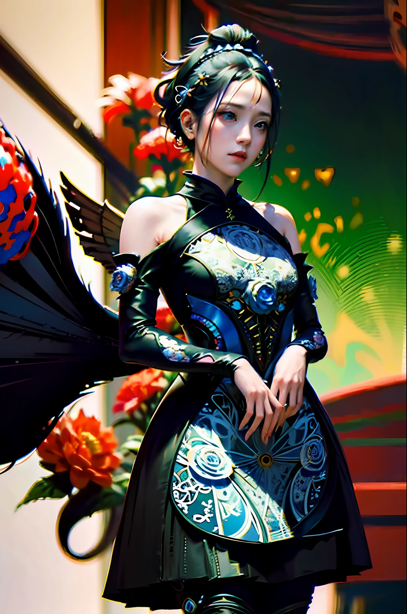 official art, unity 8k wallpaper, ultra detailed, beautiful and aesthetic, masterpiece, best quality, (zentangle, mandala, tangle, entangle), (fractal art:1.3) , 1girl, red flowers, extremely detailed, dynamic angle, cowboyshot, the most beautiful form of chaos, elegant, a brutalist designed, vivid colours, romanticism, by james jean, roby dwi antono, ross tran, francis bacon, michal mraz, adrian ghenie, petra cortright, gerhard richter, takato yamamoto, ashley wood, atmospheric