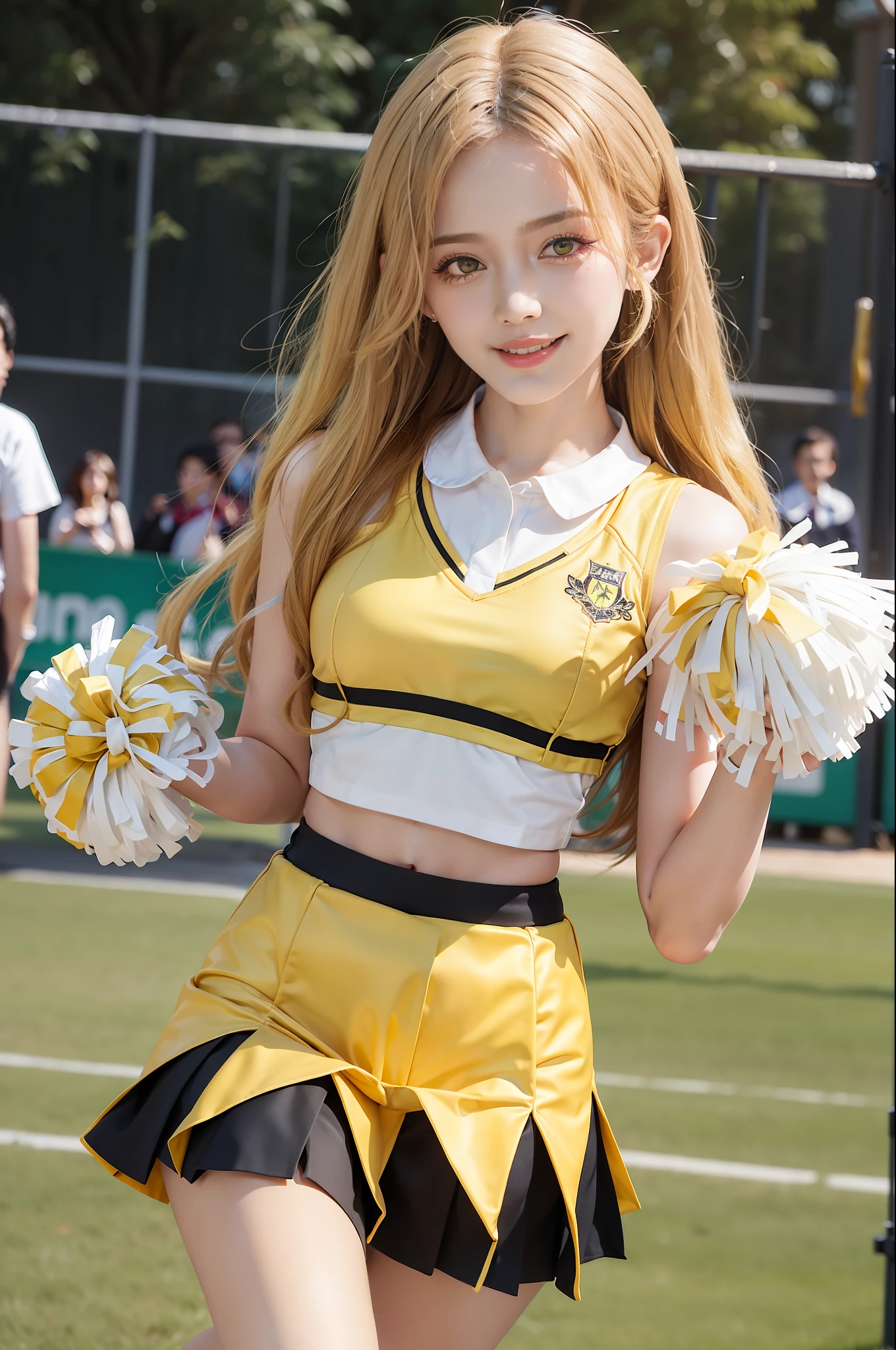ulu cropped doll mini skirt, blush black wrinkle print, cult party style, babycore best quality, rich detail, faint lips, UC: realistic, cinematic lighting Petite 1girl yellow hair and green eyes, seductive smile with closed eyes: 1.2 school_Uniform, portrait, red or yellow cheerleading uniform, skirt, clear vermilion pom_pom_ (cheerleading): 1.5 hands held, smile, ground lawn outdoor baseball field, vjump Jumping fluttering
