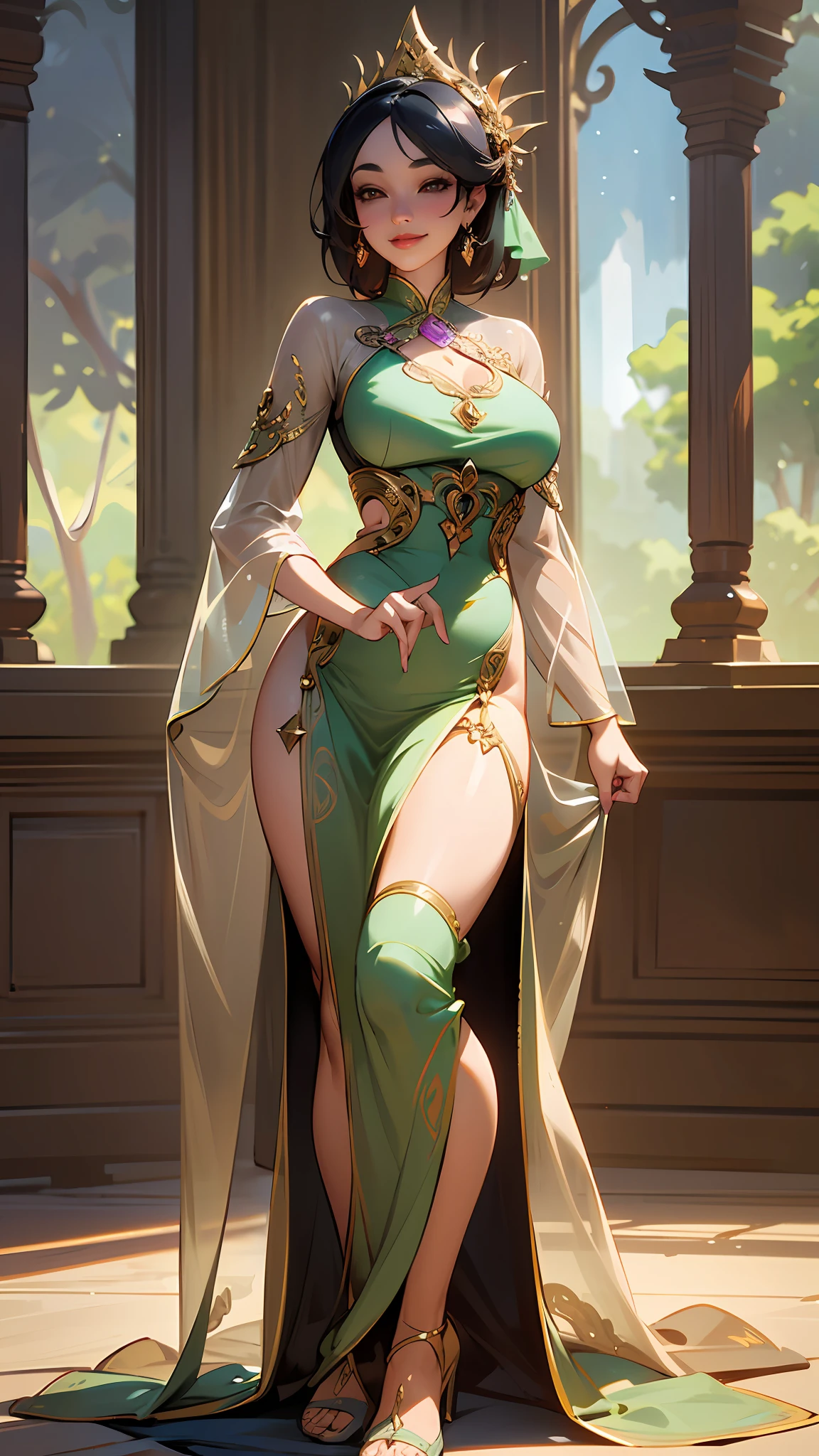 full body shot of sexy smiling javanese daughter wearing a see-through (kebaya) in candi, (extremely detailed CG unity 8k wallpaper),face incredibly detailed, lips, realistic, solo,medium breasts,skin tight, puffy, facial, masterpiece,best quality, Intricate, High Detail, dramatic, --auto --s2