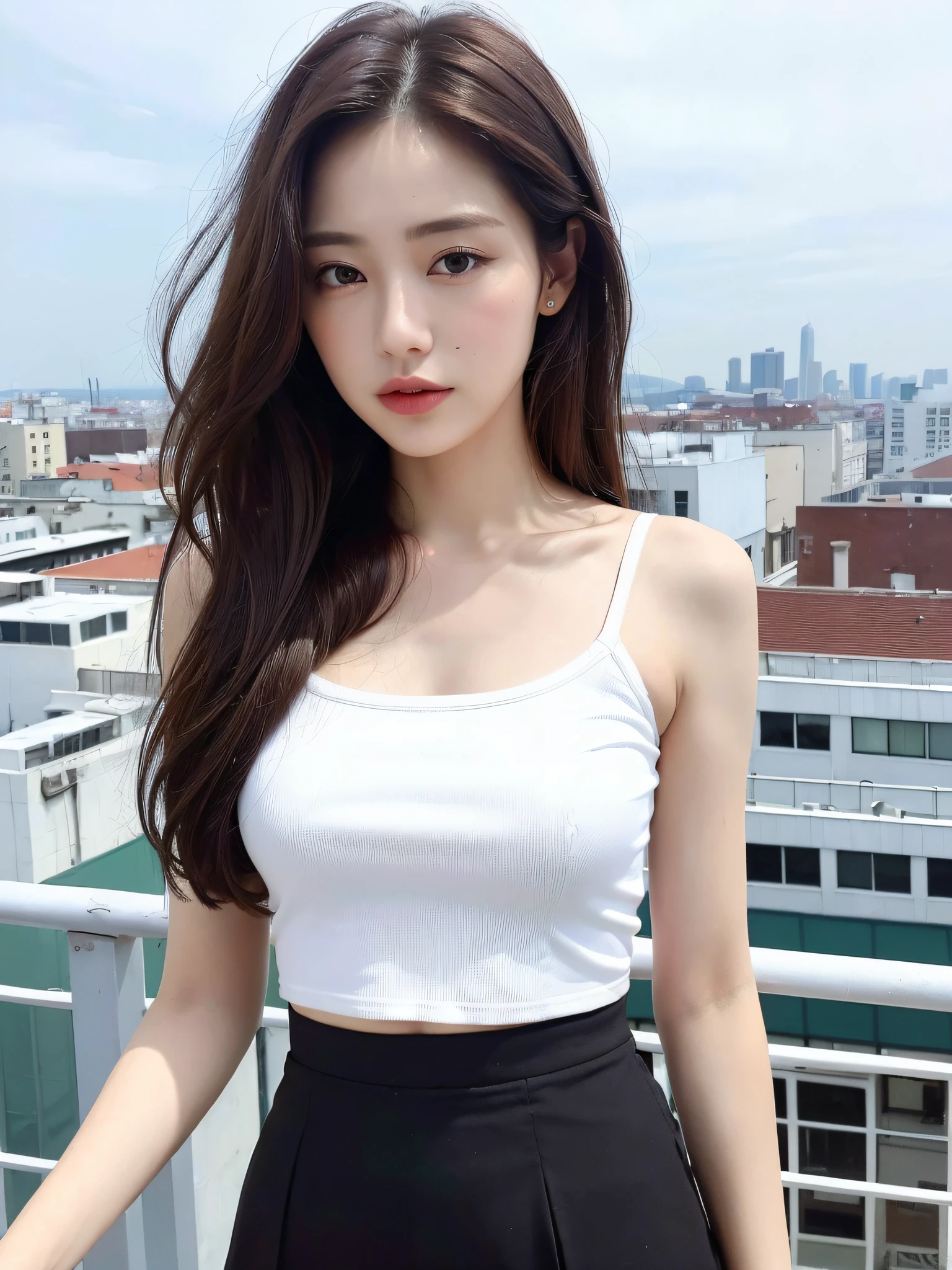 ((Top Quality, Portrait, Masterpiece, 8K Wallpapers:1.3)), Perfect Body, Beautiful Face, Delicate Eyes, Big ((Dark Brown Hair, Long Hair, Underwear Upper Body Skirt: 1.3)), Long Legs, Rooftop, City View, Open Legs
