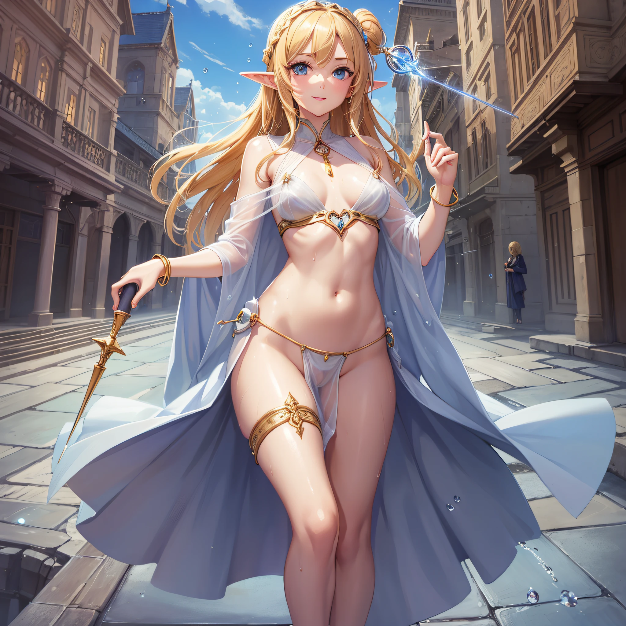 2D illustration, anime style, beautiful girl, elf, , blonde, blue eyes, hair ornament, smiling, chest open, whole white ultra-thin fabric, see-through ancient style robe, (without panties)), (the tip of the chest is protruding)), (the entire chest is showing through), floating hem, holding a magic wand in one hand, collar, bangle, anklet, bare feet, ((Close-up of a person, Low angle, crotch up, exposed closed crotch, crotch droplets,)) Wet body, wet clothes, medieval cityscape with traffic, wind blowing, ambient occlusion, halation