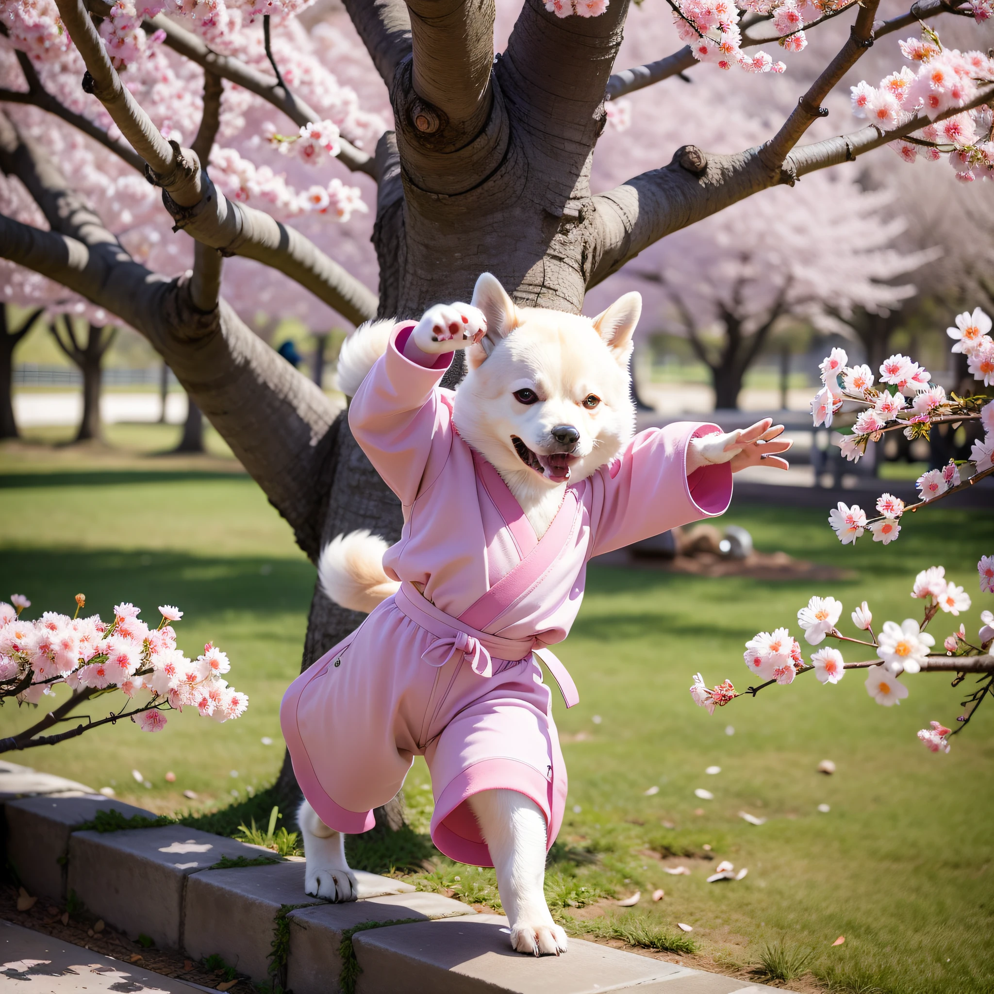 araffe dressed in pink jumps up to catch a flower, japanese dog, sakura season, the dog is doing a ballet dance, lush sakura, sakura, inspired by Shiba Kōkan, cherry blossom, cherry blossoms, sakura bloomimg, cherry blossoms in the wind, cherry blossom falling, the non-binary deity of spring, haruno sakura, springtime morning
