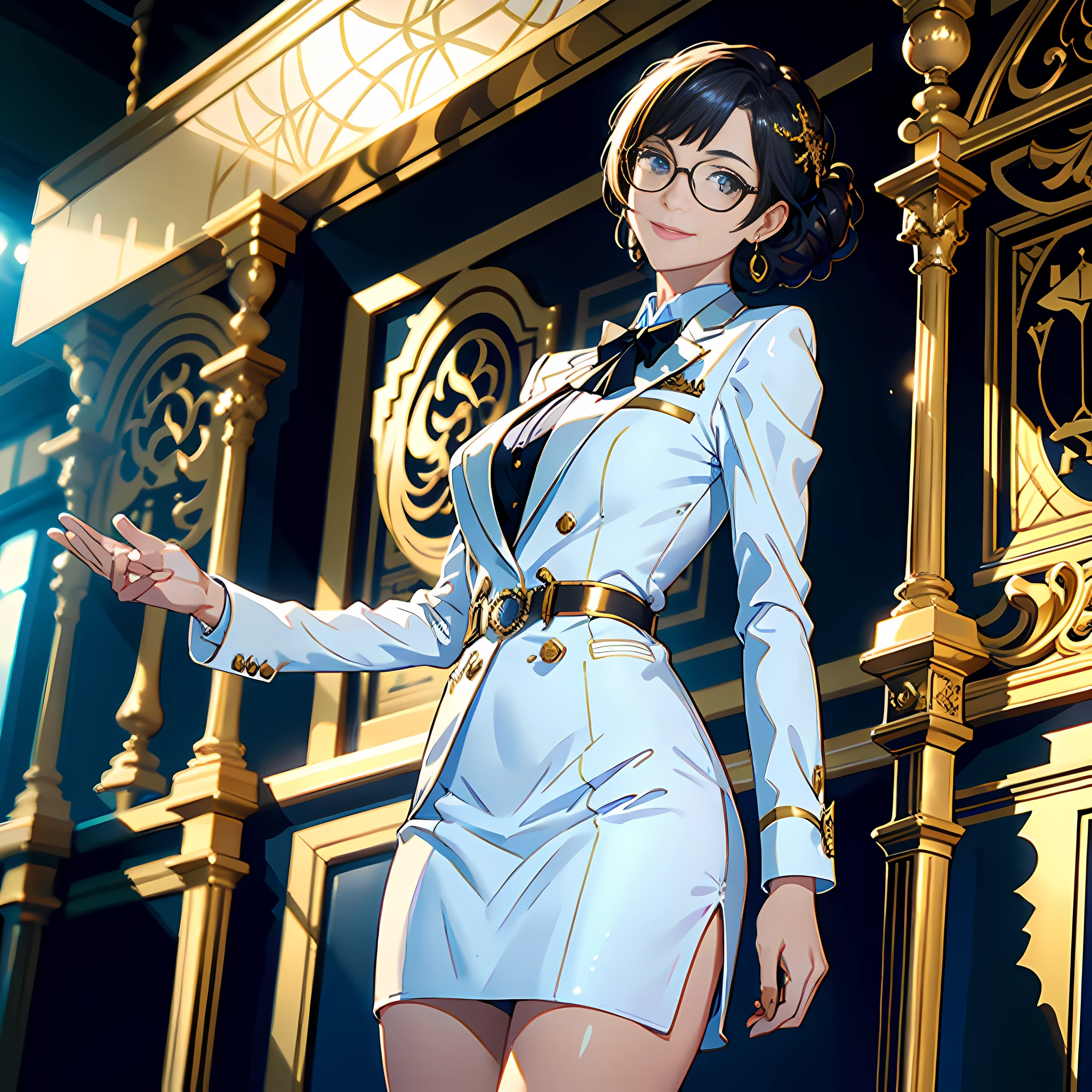 Imagine tips: masterpiece, of the best quality, 1 woman, dressed in white, gold frames, her eyes invisible under reflective lenses, standing on the podium, smiling, with the teacher's podium in the background