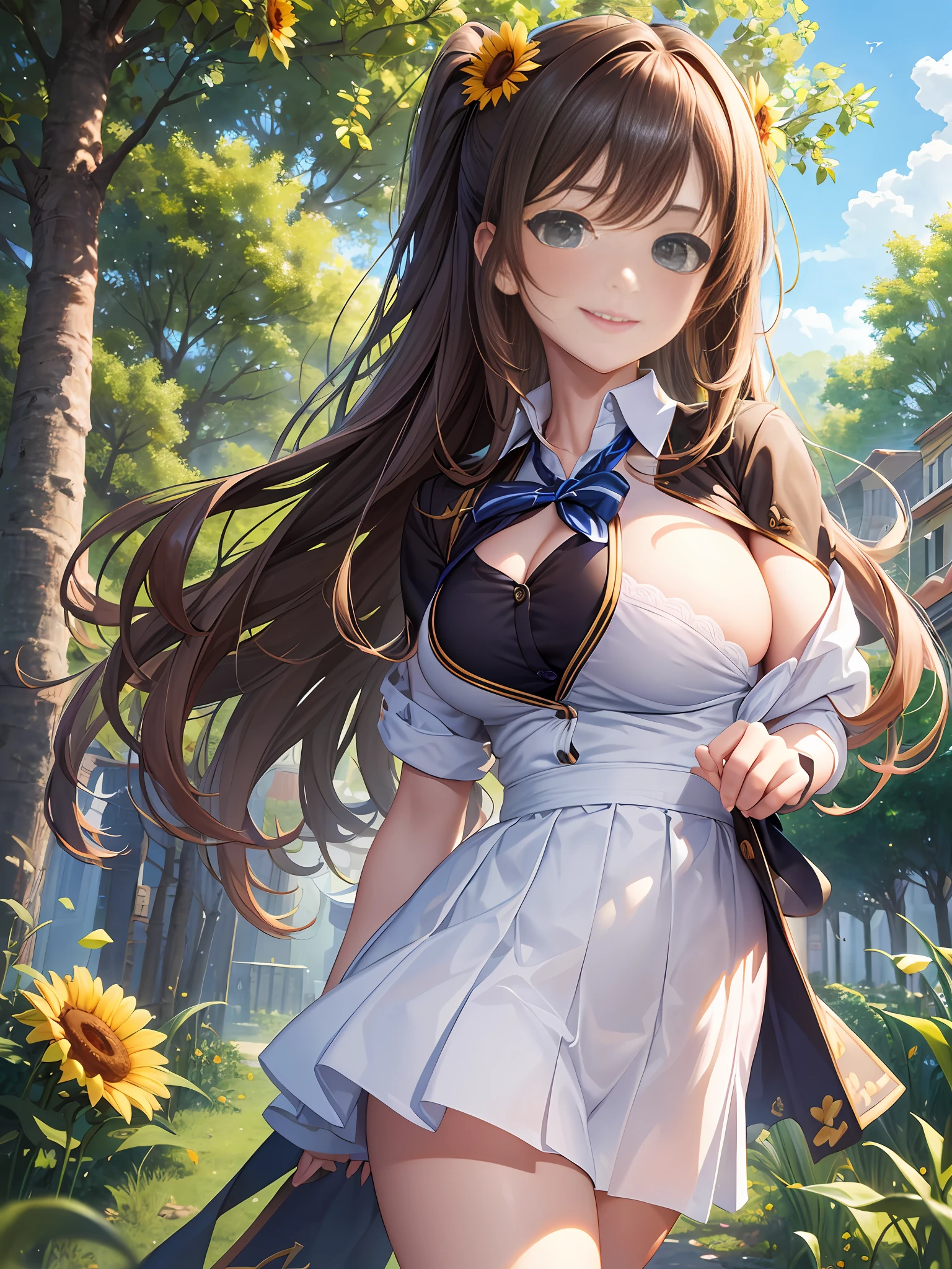 Masterpiece, Best Quality, Official Art, (Highly Detailed CG Unity 8k wallpaper), Detailed background, (Hands by Guido Daniele: 1.1), Feet outside the frame, First person perspective, 1, Attractive and perfect beautiful woman, girl, JK, high school girl uniform, summer, sunlight, blue sky, sunflower, wind blowing strongly, optimal ratio of four fingers and one thumb, ( curvaceous), ( White thighs: 1.12), ( Brown Long Hair: 1.12), (Ahoge: 1.13), (High Ponytail: 1.12), (Green Eyes: 1.13), Look at the Beholder, Big, (cleavage), Beautiful Face, (Blush: 1.11), (Smile: 1.11)