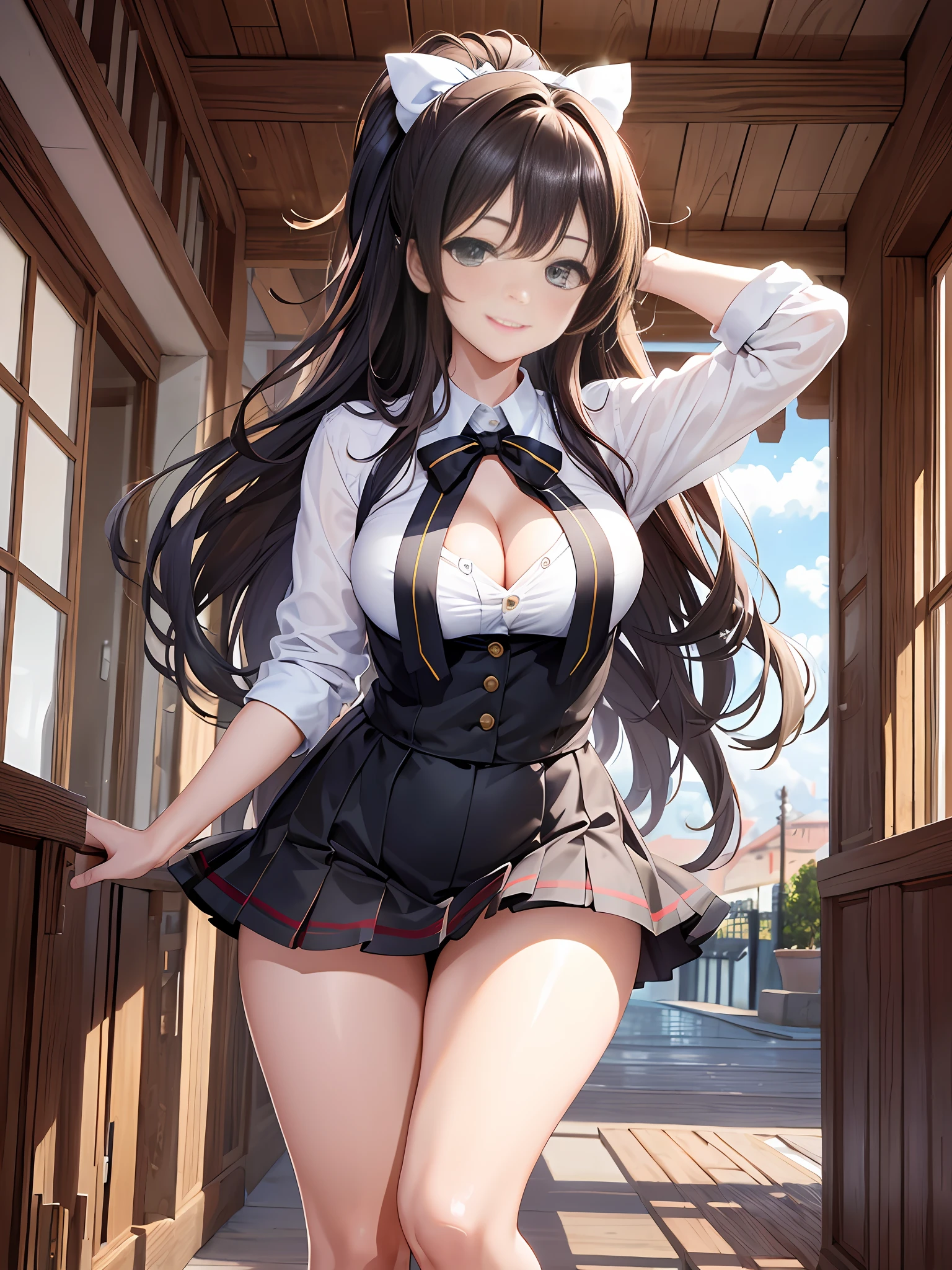 Masterpiece, Best Quality, Official Art, (Highly Detailed CG Unity 8k wallpaper), Detailed background, (Hands by Guido Daniele: 1.1), Feet outside the frame, First person perspective, 1, Attractive and perfect beautiful woman, Schoolgirl, JK, high school girl uniform, summer, sunlight, blue sky, sunflower, wind blowing strongly, optimal ratio of four fingers and one thumb, ( curvaceous), ( White thighs: 1.12), ( Brown Long Hair: 1.12), (Ahoge: 1.13), (High Ponytail: 1.12), (Green Eyes: 1.13), Look at the Beholder, Big, (cleavage), Beautiful Face, (Blush: 1.11), (Smile: 1.11)