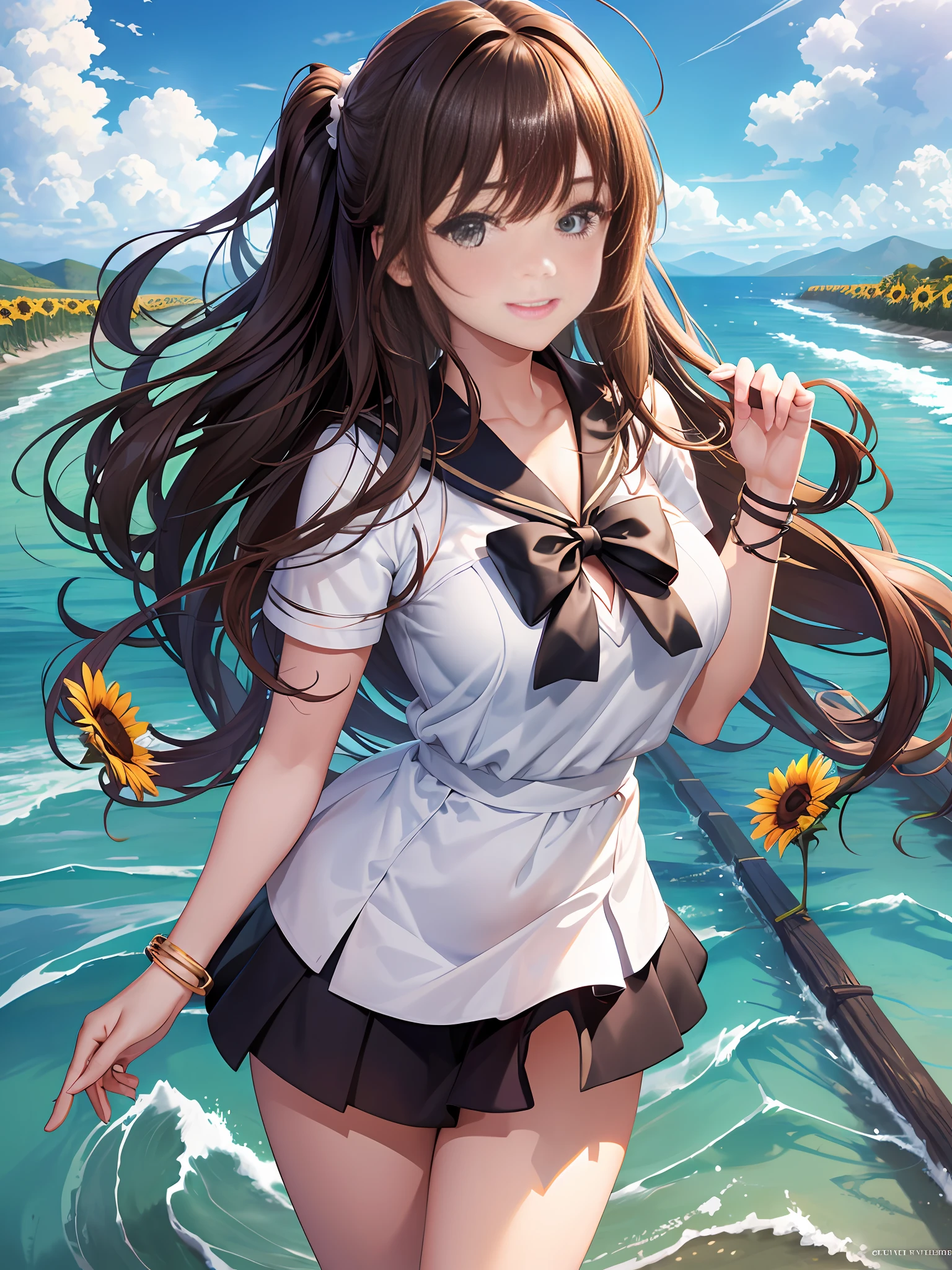 Masterpiece, Best Quality, Official Art, (Highly Detailed CG Unity 8k wallpaper), Detailed background, (Hands by Guido Daniele: 1.1), Feet outside the frame, First person perspective, 1, Attractive and perfect beautiful woman, girl, JK, high school girl uniform, summer, sunlight, blue sky, sunflower, wind blowing strongly, optimal ratio of four fingers and one thumb, ( curvaceous), ( White thighs: 1.12), ( Brown Long Hair: 1.12), (Ahoge: 1.13), (High Ponytail: 1.12), (Green Eyes: 1.13), Look at the Beholder, Big, (cleavage), Beautiful Face, (Blush: 1.11), (Smile: 1.11)