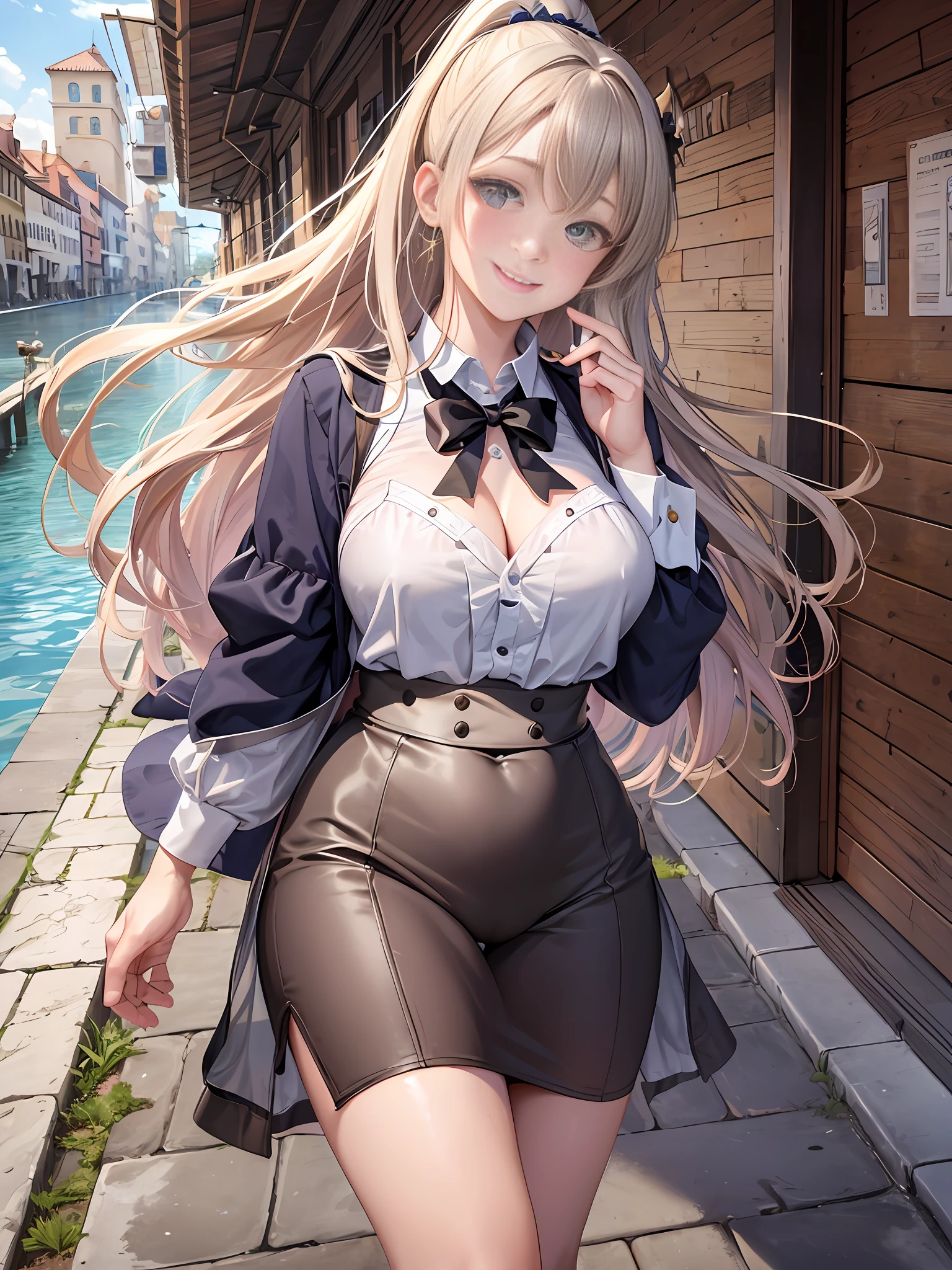 Masterpiece, Best Quality, Official Art, (Highly Detailed CG Unity 8k wallpaper), Detailed background, (Hands by Guido Daniele: 1.1), Feet outside the frame, First person perspective, 1, Attractive and perfect beautiful woman, Schoolgirl, JK, high school girl uniform, summer, sunlight, blue sky, sunflower, wind blowing strongly, optimal ratio of four fingers and one thumb, ( curvaceous), ( White thighs: 1.12), ( Brown Long Hair: 1.12), (Ahoge: 1.13), (High Ponytail: 1.12), (Green Eyes: 1.13), Look at the Beholder, Big, (cleavage), Beautiful Face, (Blush: 1.11), (Smile: 1.11)