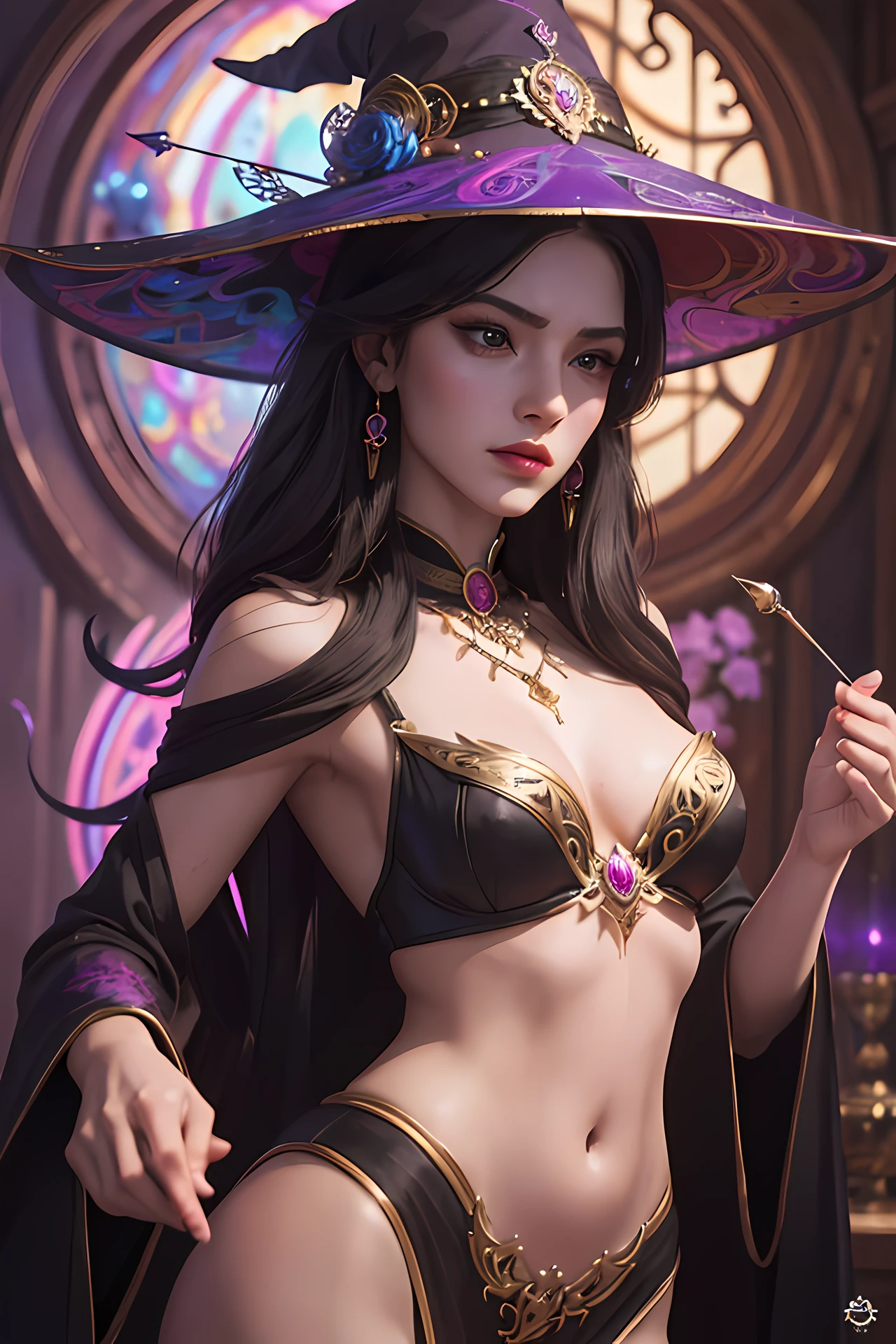 best quality: 1.1), (masterpiece: 1.1), perfect anatomy, detailed, 1 girl, medium shot, (wide hips: 1.2), mage, masterpiece, best quality, (mature witch, witch hat, in her private room in the castle practicing spells and enchantments), moody lighting, glow, glow, mysterious, mystical, magical, rim lighting, vibrant, psychedelic, colorful, intricate, elegant, sharp focus, highly detailed, digital painting, concept art , matte, masterpiece, ultra sharp hyper detailed, vibrant aesthetic, blood wave, colorful, psychedelic, ornate, intricate, digital painting, concept art, soft, sharp focus, illustration, beautiful female,