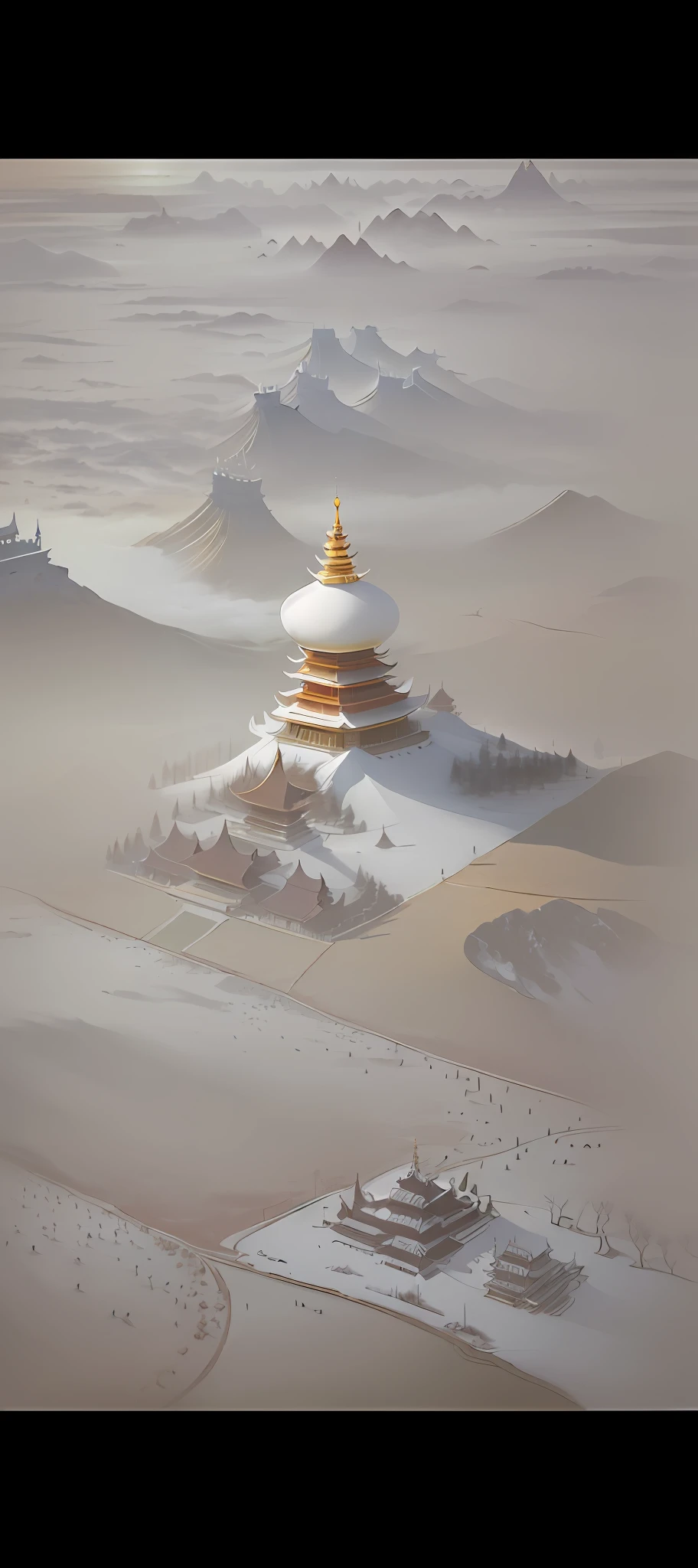 There are pagodas located on the vast land, the land is full of life, there are birds, immortals, huge animals, Chinese style, fairy air fluttering, macro, chiaroscuro, three-dimensional painting, subjective perspective