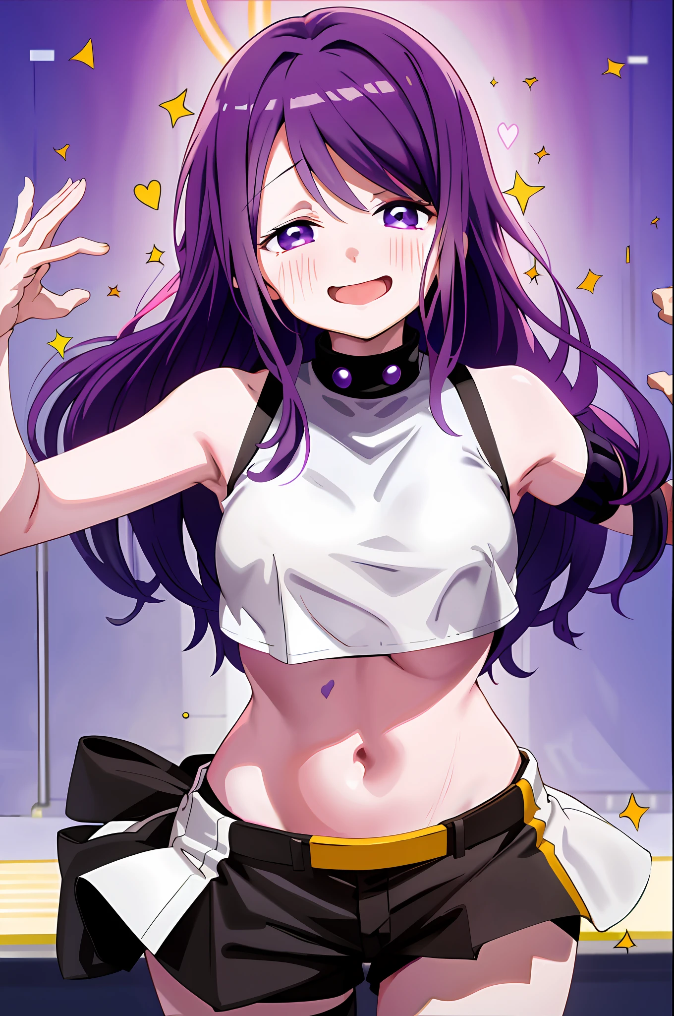 upper body, kubo, 1girl, solo, crop top , sleeveless , blush, purple eyes, purple hair, looking at viewer, simple background, heart, tight shorts, mouth open, sweating , medium breast, mouth open, laughing, tongue out