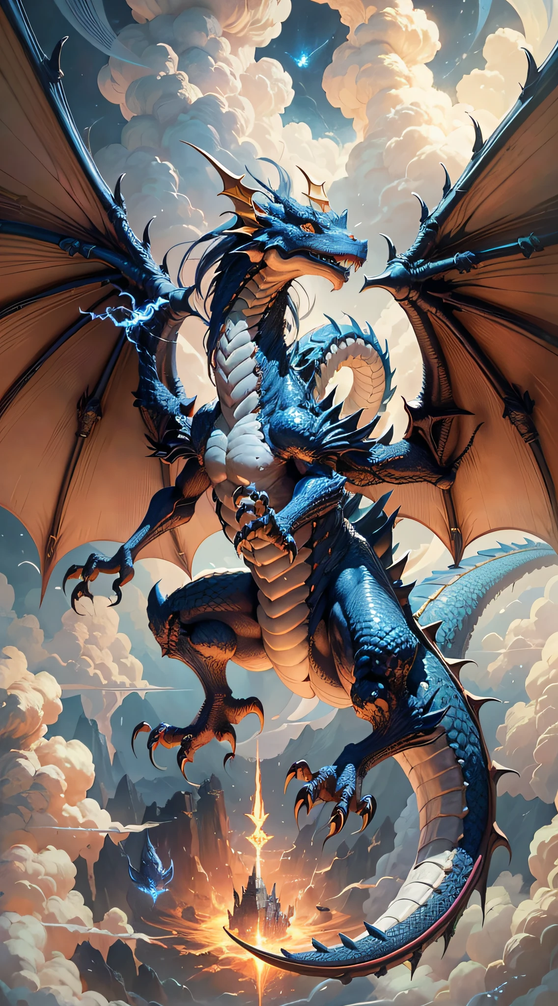dragon flying in the sky, legendary, flying, celestial background, art, European, electric, fine art illustration by Ryan Yee, highly detailed digital painting, by Justin Gerard, highly detailed illustration, exoskeleton, pointed teeth, sharp teeth, menacing, drawn art, divine creativity. --auto --s2
