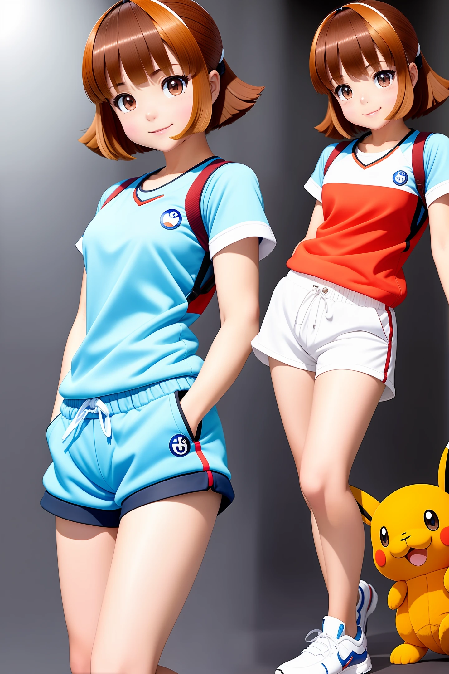 sugimori ken \(style\), 1girl, bangs, breasts, brown eyes, brown hair, creatures \(company\), dynamax band, game freak, gloria (pokemon), glove, gym shirt, gym shorts, gym uniform, highres, legs, looking at viewer, nintendo, official art, pokemon, pokemon \(game\), pokemon swsh, shirt, short shorts, shorts, smile, sugimori ken, take \(illustrator\), thighs