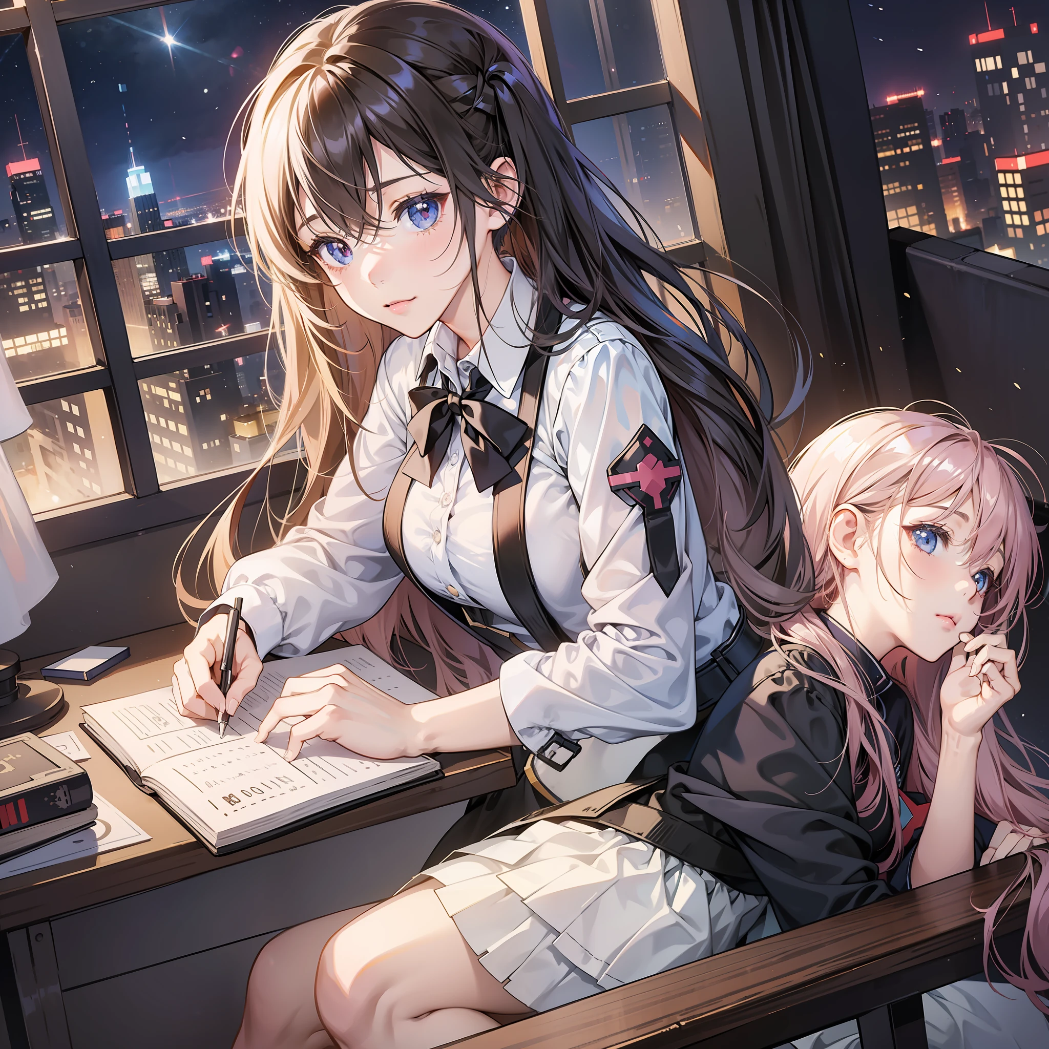 Anime girl writing in notebook on desk with window in background, white skirt, from Girl Front, visual novel CG; Visual Novel, Girl Frontline Style, Girl Frontline CG, Fine Details, Toki Toki Literature Club, Visual Novel, CGstation Trend, Night Core, Seductive Anime Girl, Smooth Anime CG Art