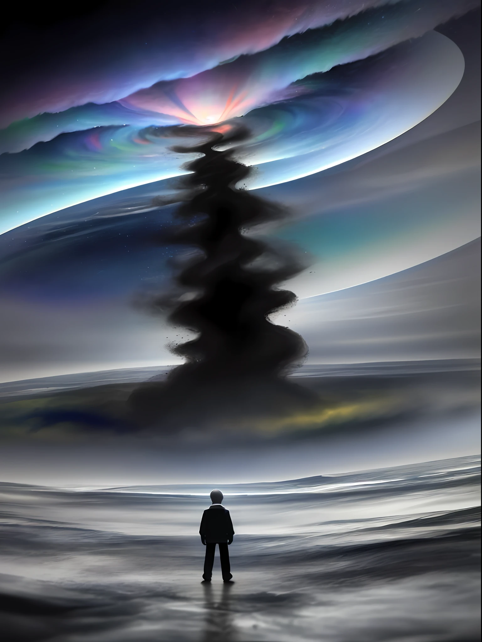 A tiny figure stands in front of a huge tornado, many color blocks are rolled into the tornado, pages of various colors are scattered all over the ground, 3D rendering, three-dimensional hurricane, artwork, extremely allegorical painting, high quality, 8k