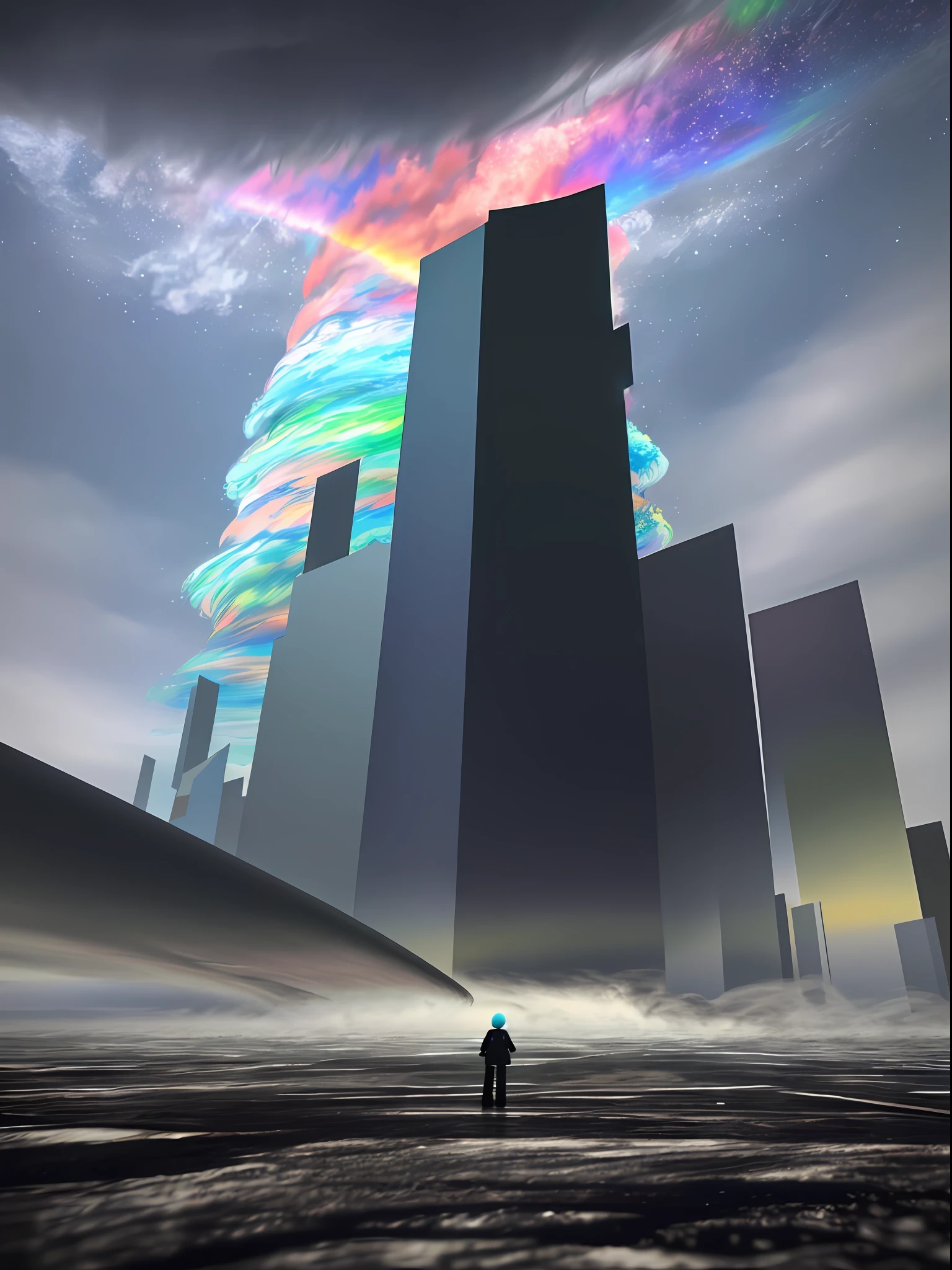 A tiny figure stands in front of a huge tornado, many color blocks are rolled into the tornado, pages of various colors are scattered all over the ground, 3D rendering, three-dimensional hurricane, artwork, extremely allegorical painting, high quality, 8k