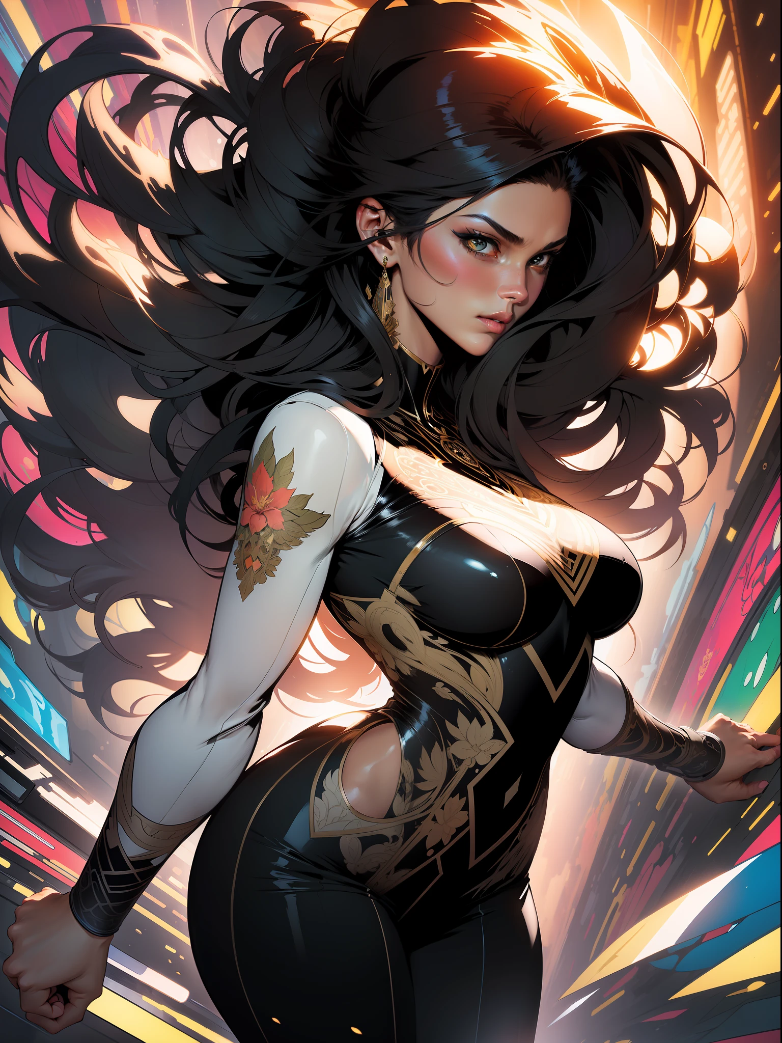 ::Kennedy and Daniel Sampere::2.0 Anime Gacha illustration style, tatoon style, comic book style, , beautiful woman with ultra detailed long hair and in various full-body attack poses, (beautiful and clear background: 1.2),futuristic costume, super detailed circular metals Clinging to the arms and pants, fantastic paintings, graffiti style, flowers, highly detailed eyes, a t-shirt or dress with a white blouse underneath, With both fists in fighting position, and bracelets, fighting an enemy, with long black hair, stained glass, outside, vibrant, Alphonse Mucha style, fantastic paintings by Joe Madureira, high quality, art, beautiful woman with long black hair, freedom, soul, digital illustration, comic style, perfect anatomy, centered, approaching perfection, dynamic, highly detailed, HDR colors