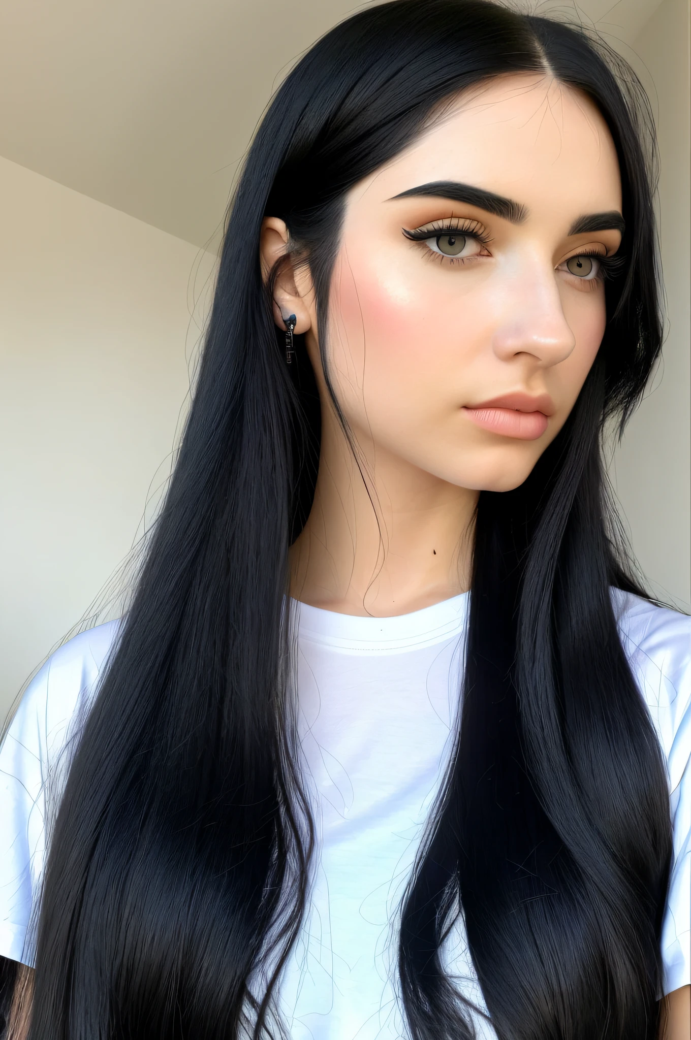 A closeup of a woman with long black hair and a white T-shirt, TikTok video, she's about 29, she's staring at the camera, Ava Max, she's got black hair, her black hair is a long curly, ambient with natural light, detailed skin, detailed eyes, ultra realistic image, straight face for the camera
A naturally beautiful woman, cozy winter, (upper body, (closeup:1.2), head shot), 8K, Raw, UHD, Fujifilm X-T3, close up, highly detailed face, (((glans))), (candid, amateur)