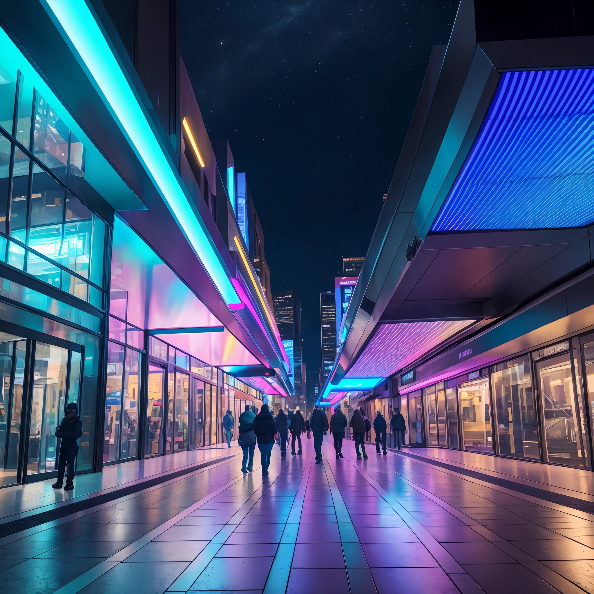 futuristic street with technological luminous awnings 8k, uhd, severe low lighting, high quality, sharp focus, fujifilm XT3 --auto --s2